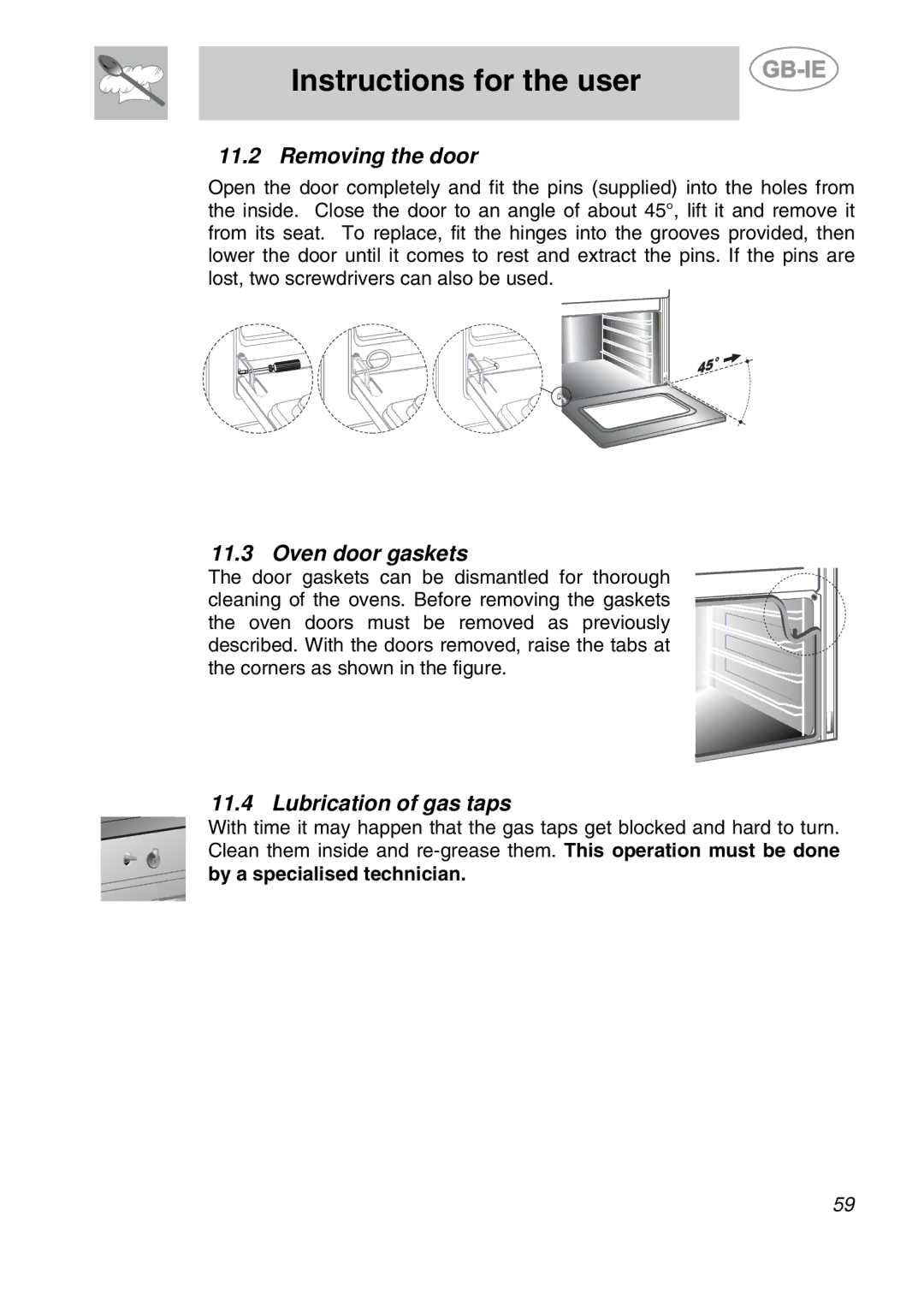 Smeg A42-2, A42A-5, A42A-2, A42-5 manual Removing the door, Oven door gaskets, Lubrication of gas taps 