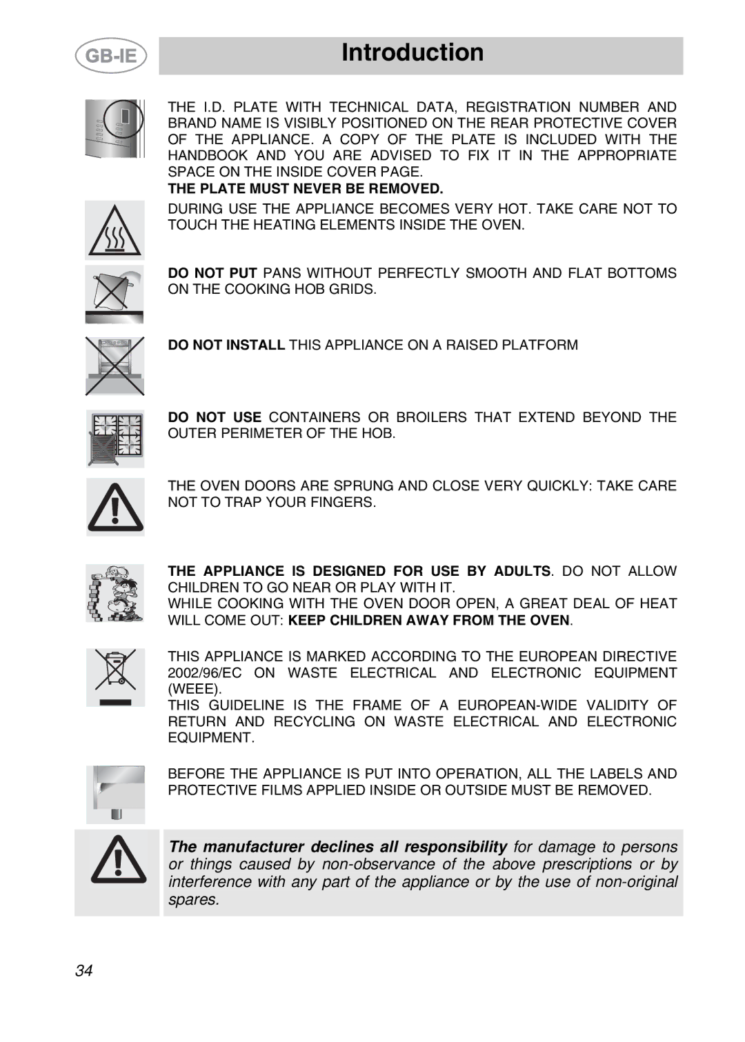 Smeg A42-5, A42-2, A42A-5, A42A-2 manual Plate Must Never be Removed 