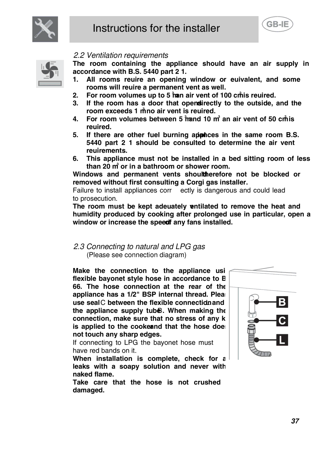 Smeg A42A-2, A42-2, A42A-5, A42-5 manual Ventilation requirements, Connecting to natural and LPG gas 