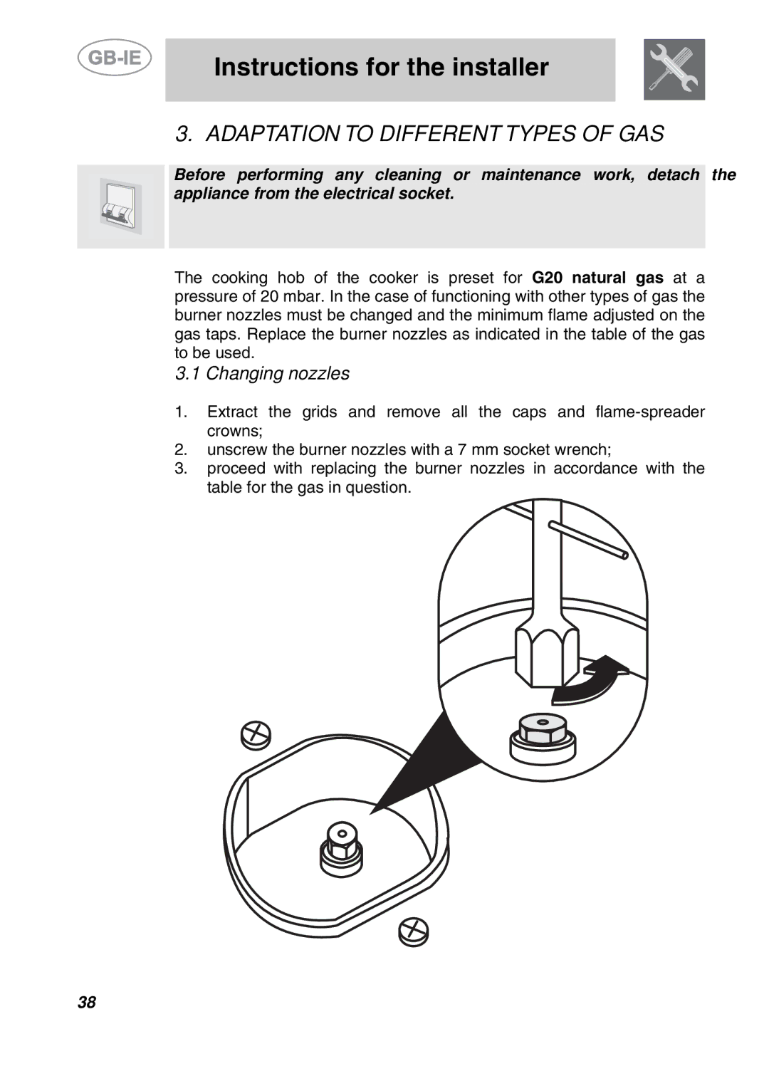 Smeg A42-5, A42-2, A42A-5, A42A-2 manual Adaptation to Different Types of GAS, Changing nozzles 