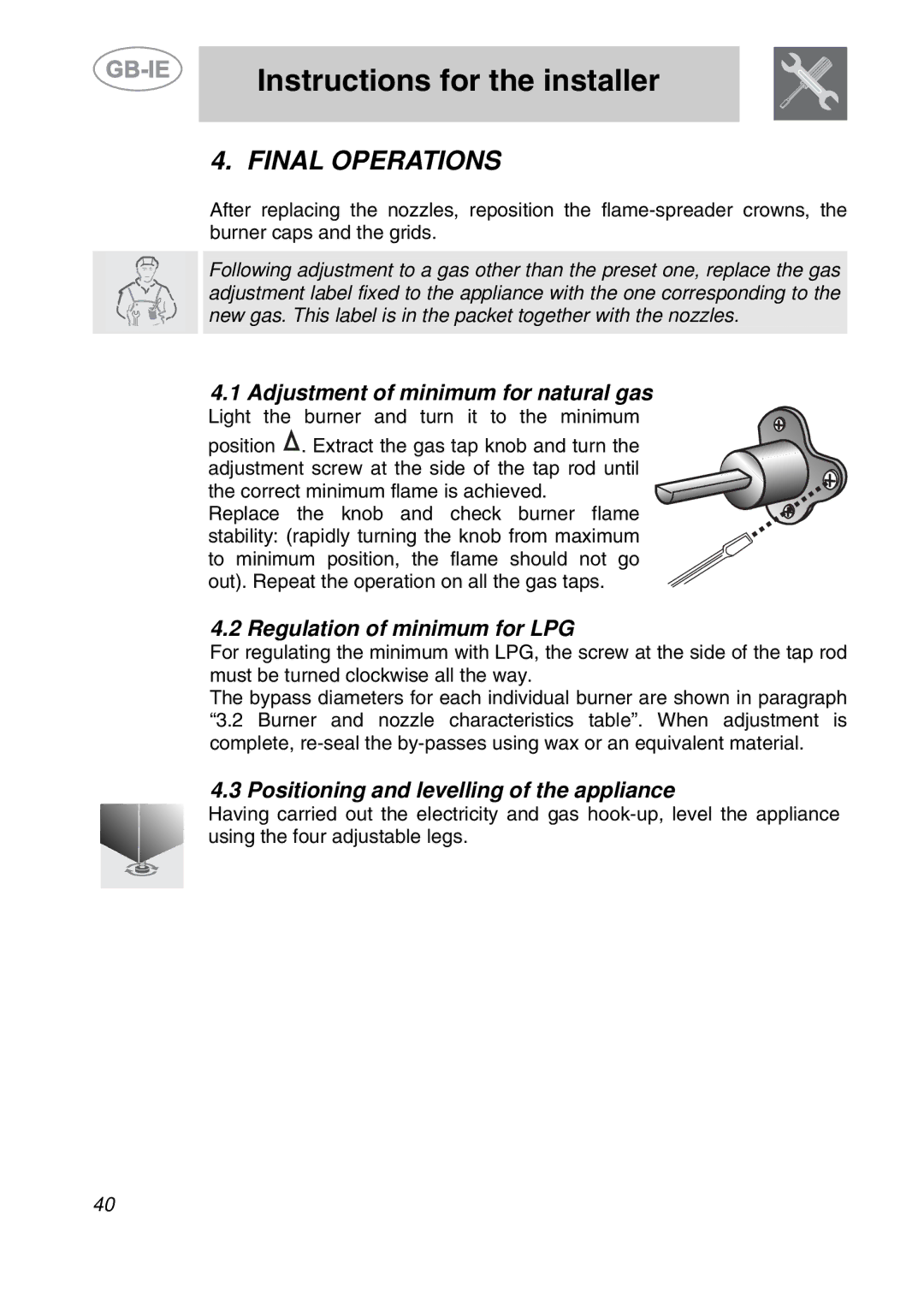 Smeg A42A-5, A42-2, A42A-2, A42-5 Final Operations, Adjustment of minimum for natural gas, Regulation of minimum for LPG 