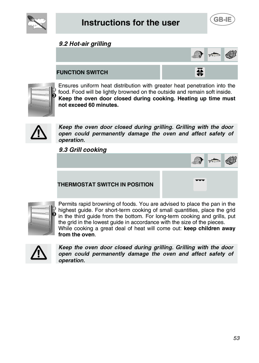 Smeg A42-6 manual Hot-air grilling, Grill cooking, Function Switch, Thermostat Switch in Position 