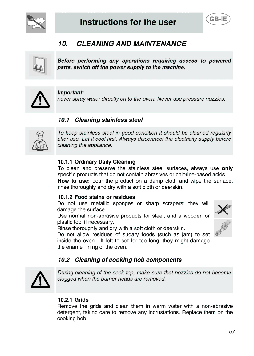 Smeg A42-6 manual Cleaning and Maintenance, Cleaning stainless steel, Cleaning of cooking hob components 