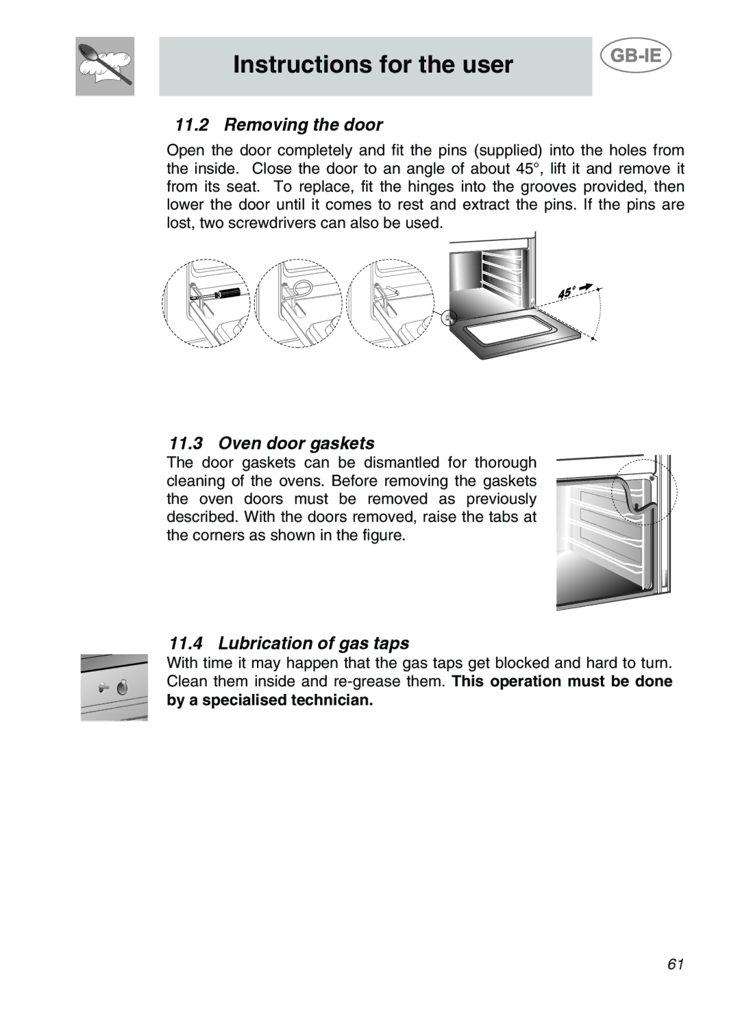 Smeg A42-6 manual Removing the door, Oven door gaskets, Lubrication of gas taps 