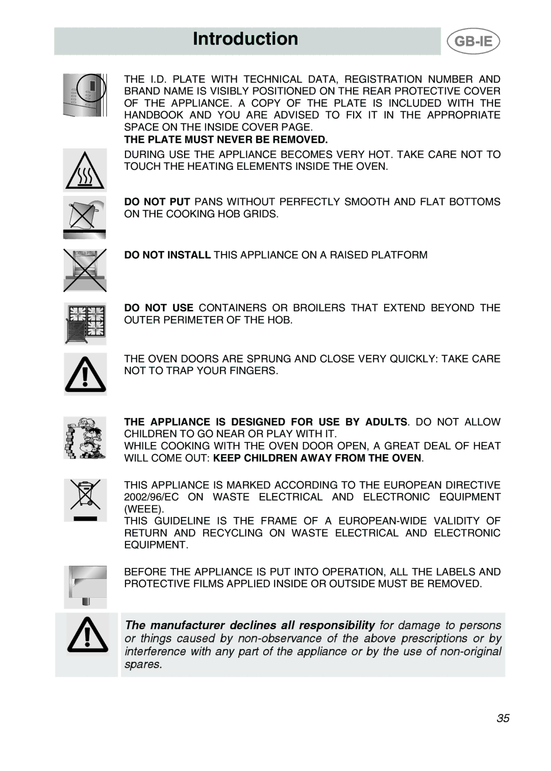 Smeg A42-6 manual Plate Must Never be Removed 