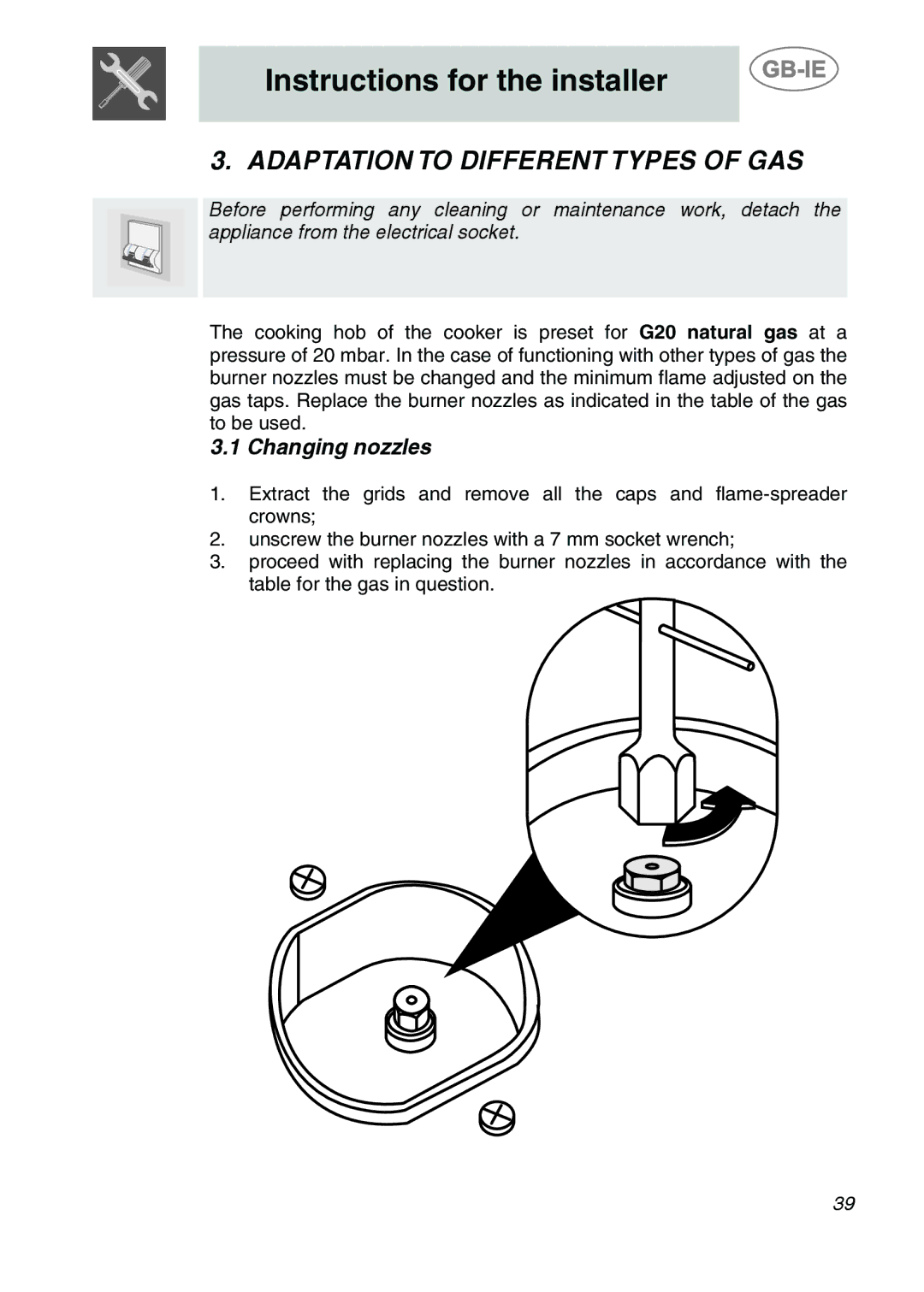 Smeg A42-6 manual Adaptation to Different Types of GAS, Changing nozzles 