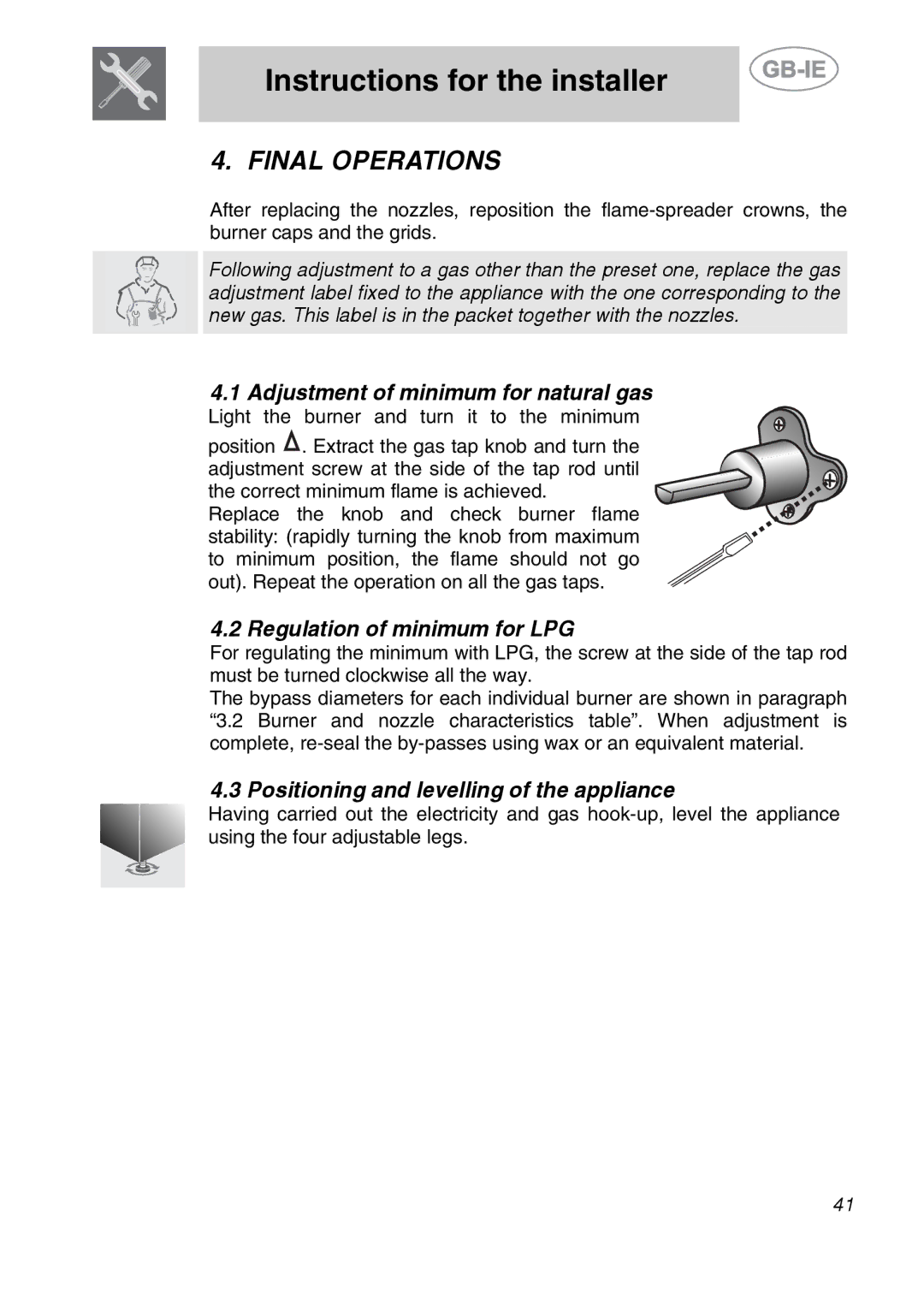 Smeg A42-6 manual Final Operations, Adjustment of minimum for natural gas, Regulation of minimum for LPG 