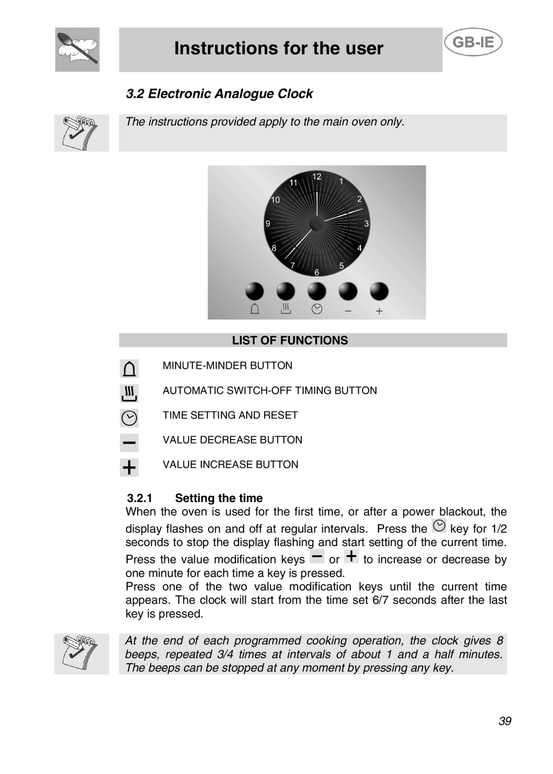 Smeg A42C-2, A42C-5 manual Electronic Analogue Clock, List of Functions, Setting the time 