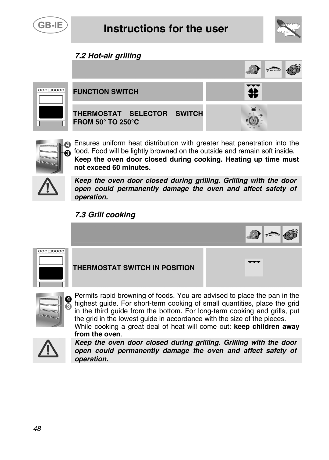 Smeg A42C-5, A42C-2 manual Hot-air grilling, Grill cooking, Thermostat Switch in Position 