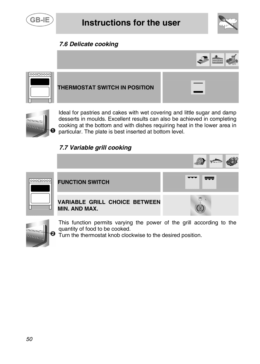 Smeg A42C-5, A42C-2 Delicate cooking, Variable grill cooking, Function Switch Variable Grill Choice Between MIN. and MAX 