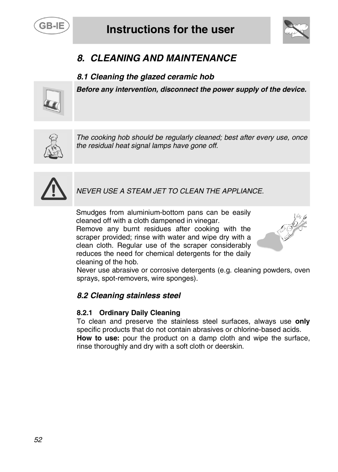 Smeg A42C-5 Cleaning and Maintenance, Cleaning the glazed ceramic hob, Cleaning stainless steel, Ordinary Daily Cleaning 