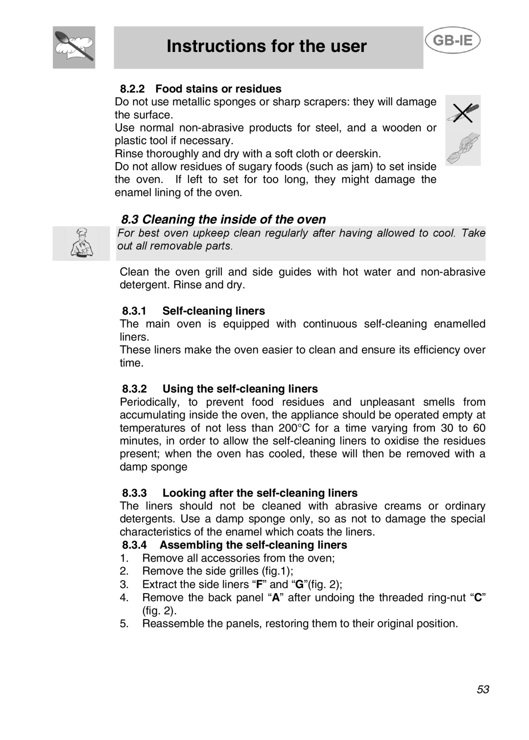 Smeg A42C-2, A42C-5 manual Cleaning the inside of the oven 