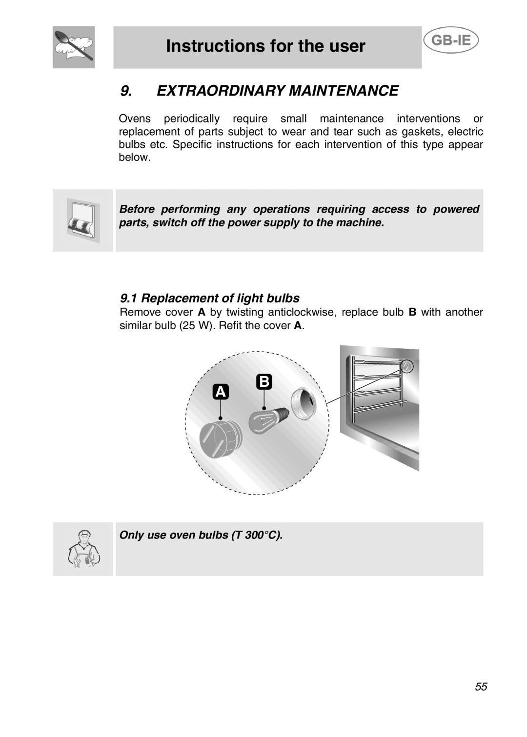 Smeg A42C-2, A42C-5 manual Extraordinary Maintenance, Replacement of light bulbs 