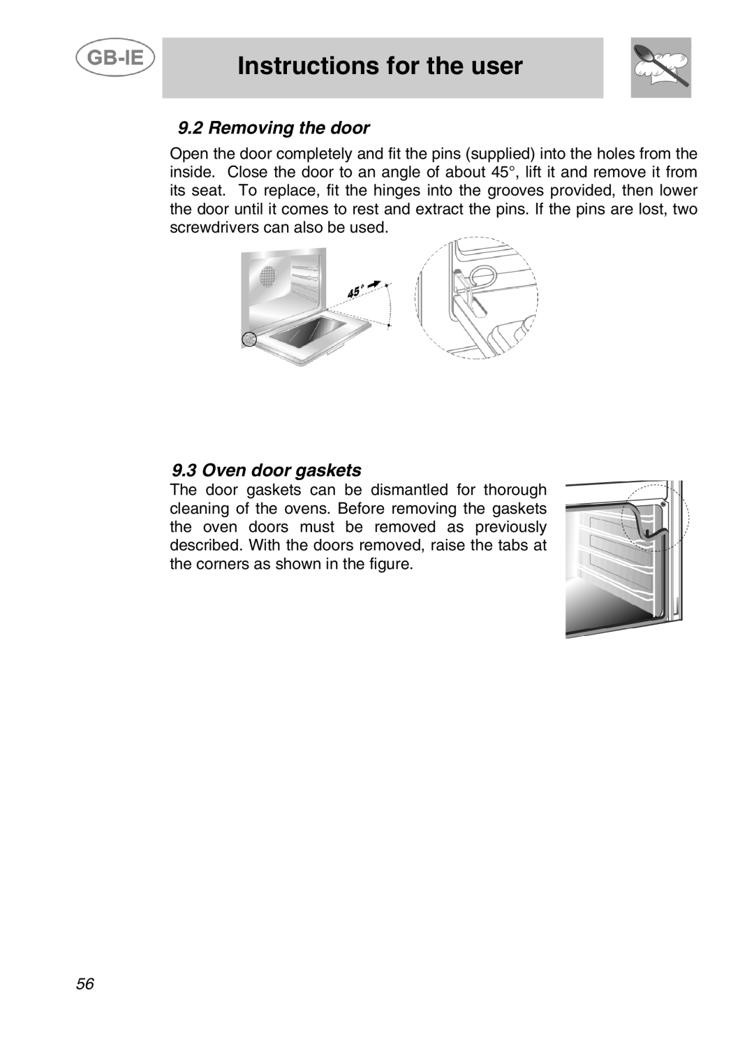 Smeg A42C-5, A42C-2 manual Removing the door, Oven door gaskets 