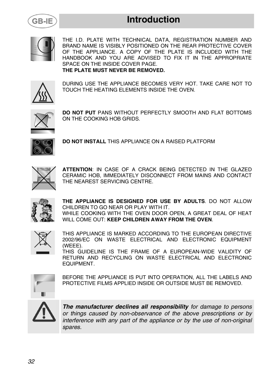 Smeg A42C-5, A42C-2 manual Plate Must Never be Removed 