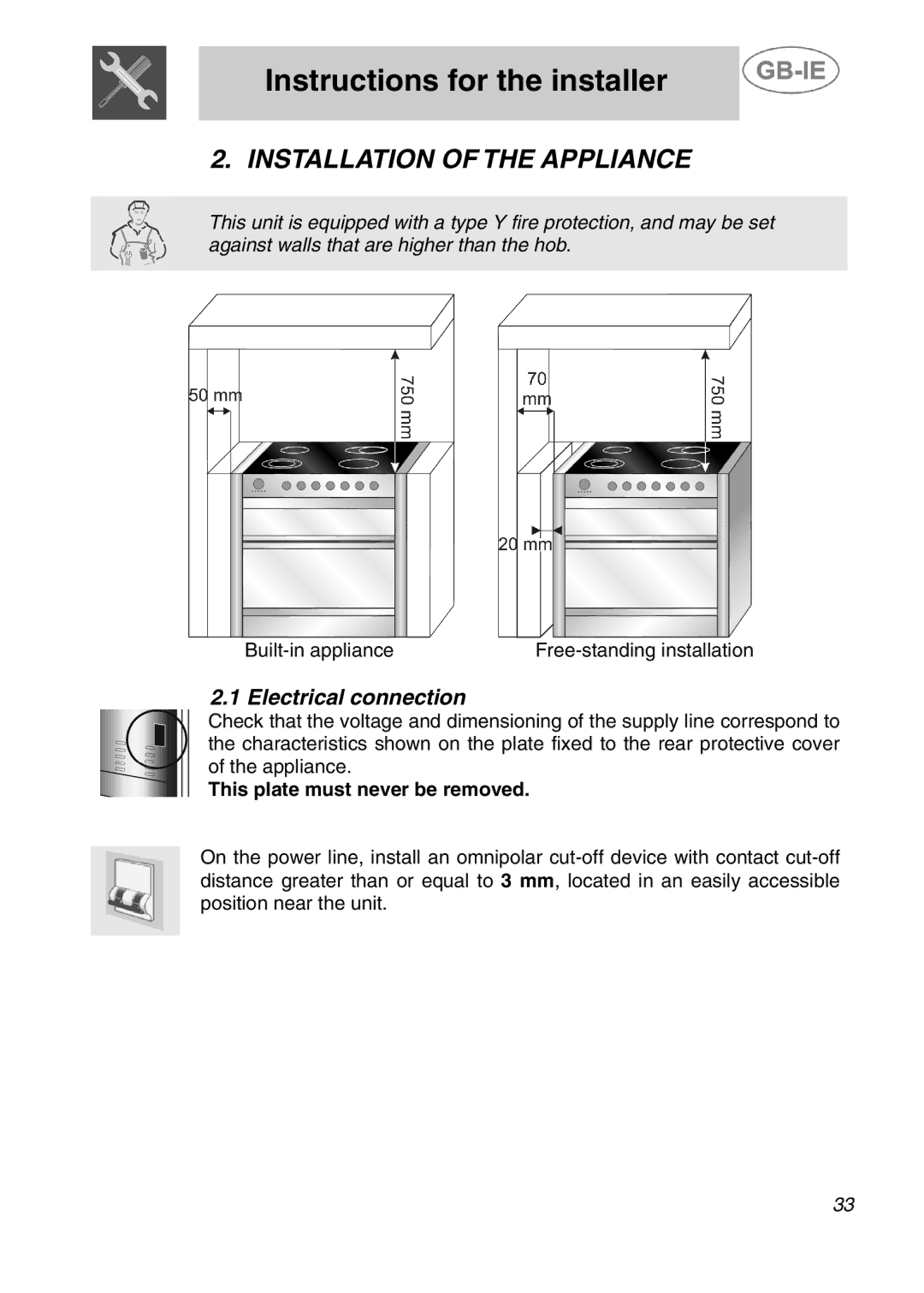 Smeg A42C-2, A42C-5 manual Installation of the Appliance, Electrical connection, This plate must never be removed 