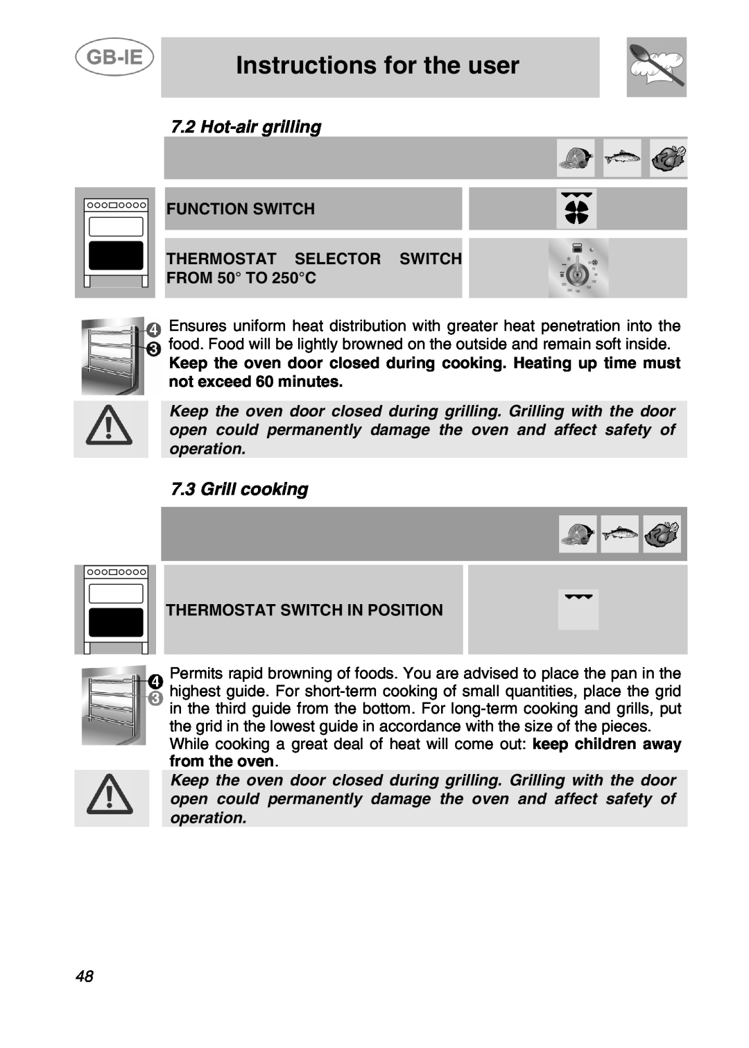 Smeg A42C-5, A42C-2 manual Hot-air grilling, Grill cooking, Thermostat Switch In Position, Instructions for the user 