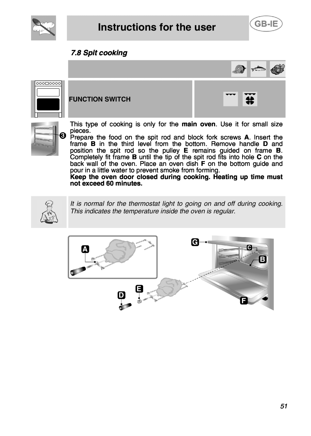 Smeg A42C-2, A42C-5 manual Spit cooking, Function Switch, Instructions for the user 