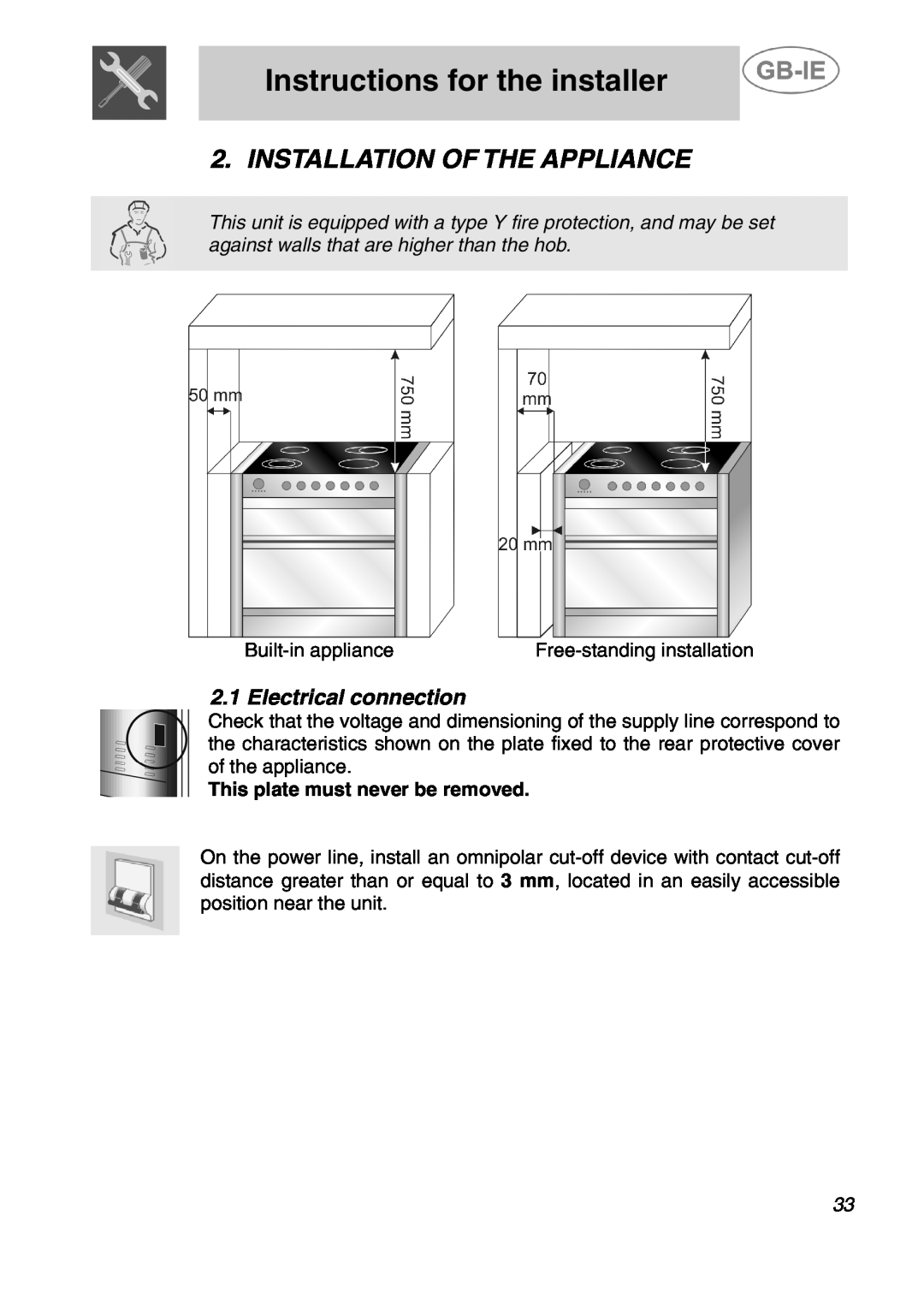 Smeg A42C-2, A42C-5 manual Instructions for the installer, Installation Of The Appliance, Electrical connection 