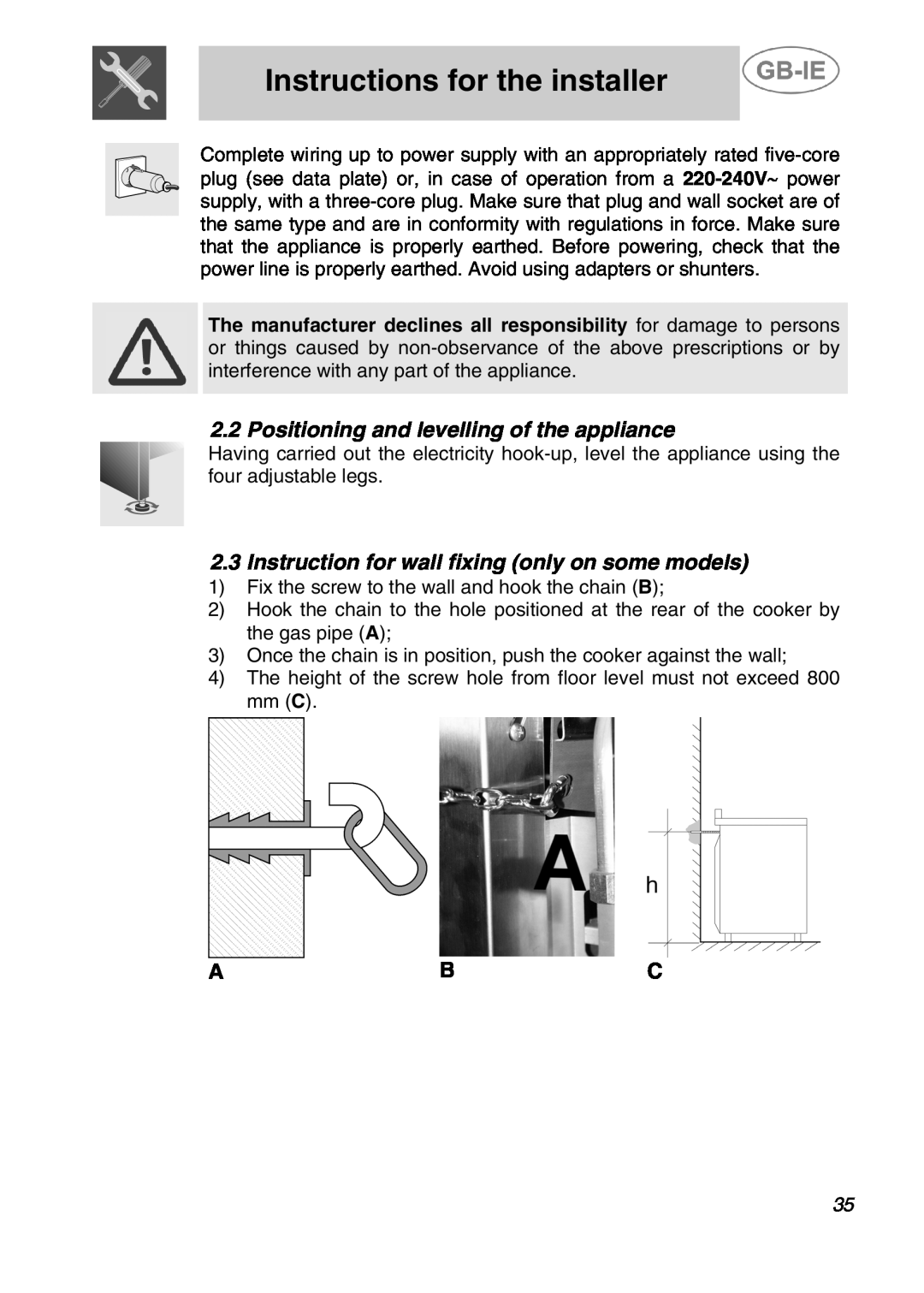 Smeg A42C-2, A42C-5 manual Positioning and levelling of the appliance, Instruction for wall fixing only on some models 