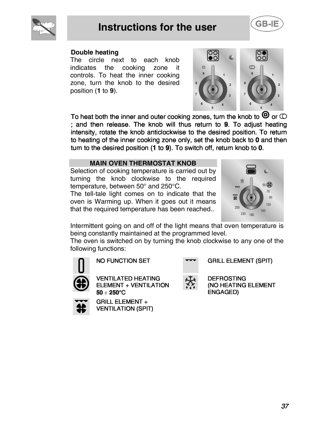 Smeg A42C-2, A42C-5 manual Double heating, Main Oven Thermostat Knob, Instructions for the user 