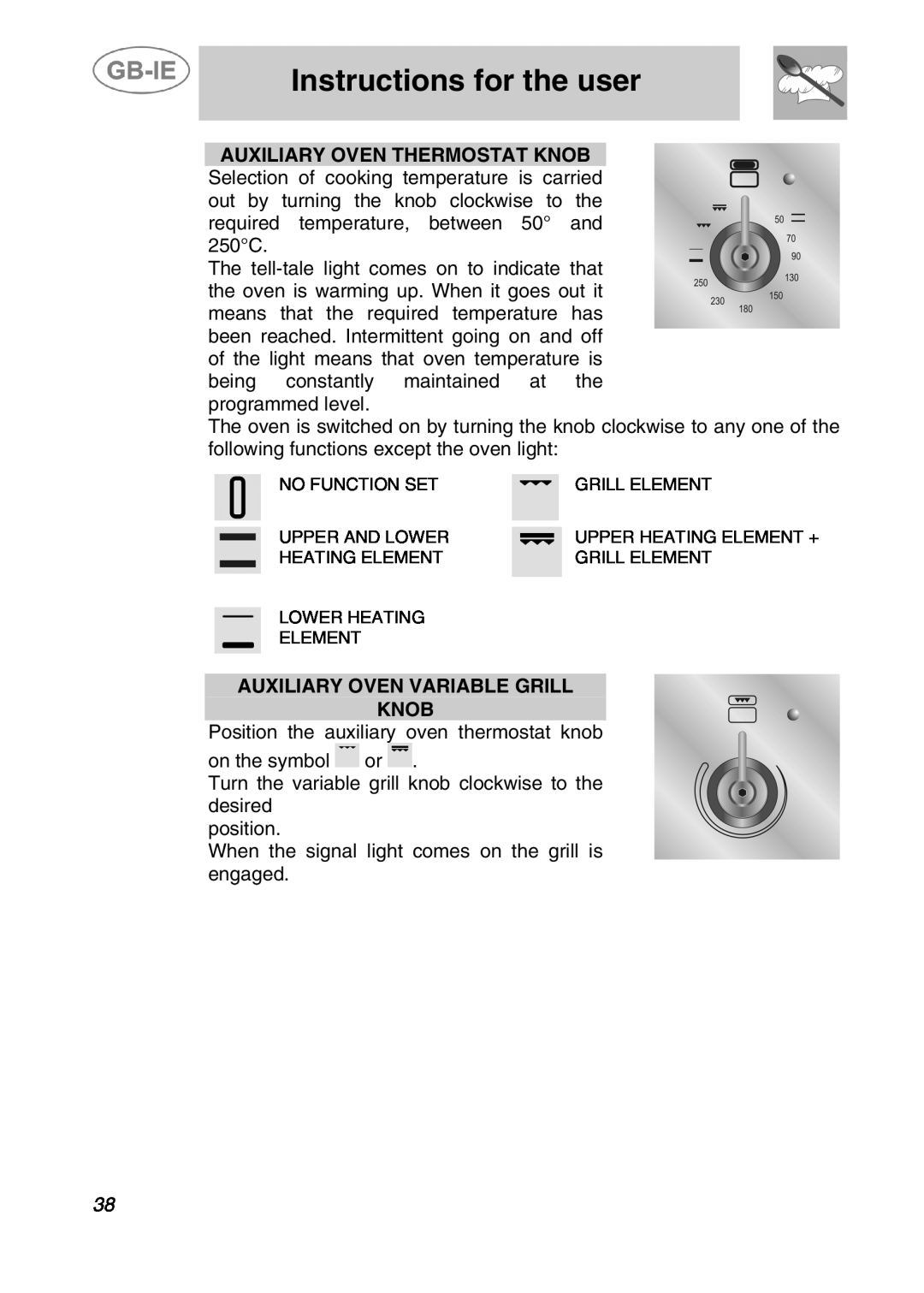 Smeg A42C-5, A42C-2 manual Auxiliary Oven Variable Grill Knob, Instructions for the user 