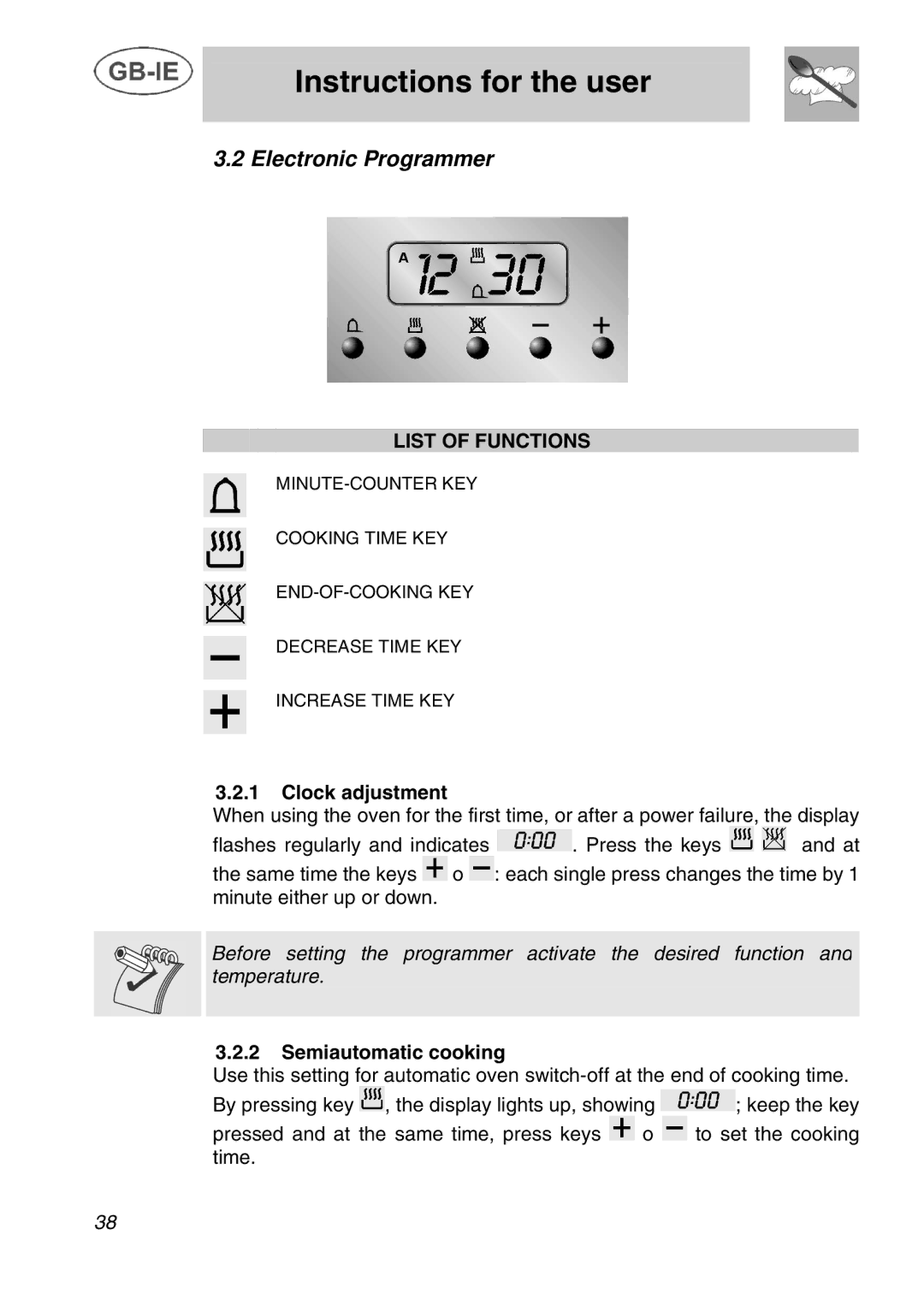 Smeg A42C instruction manual Electronic Programmer, List of Functions, Clock adjustment, Semiautomatic cooking 