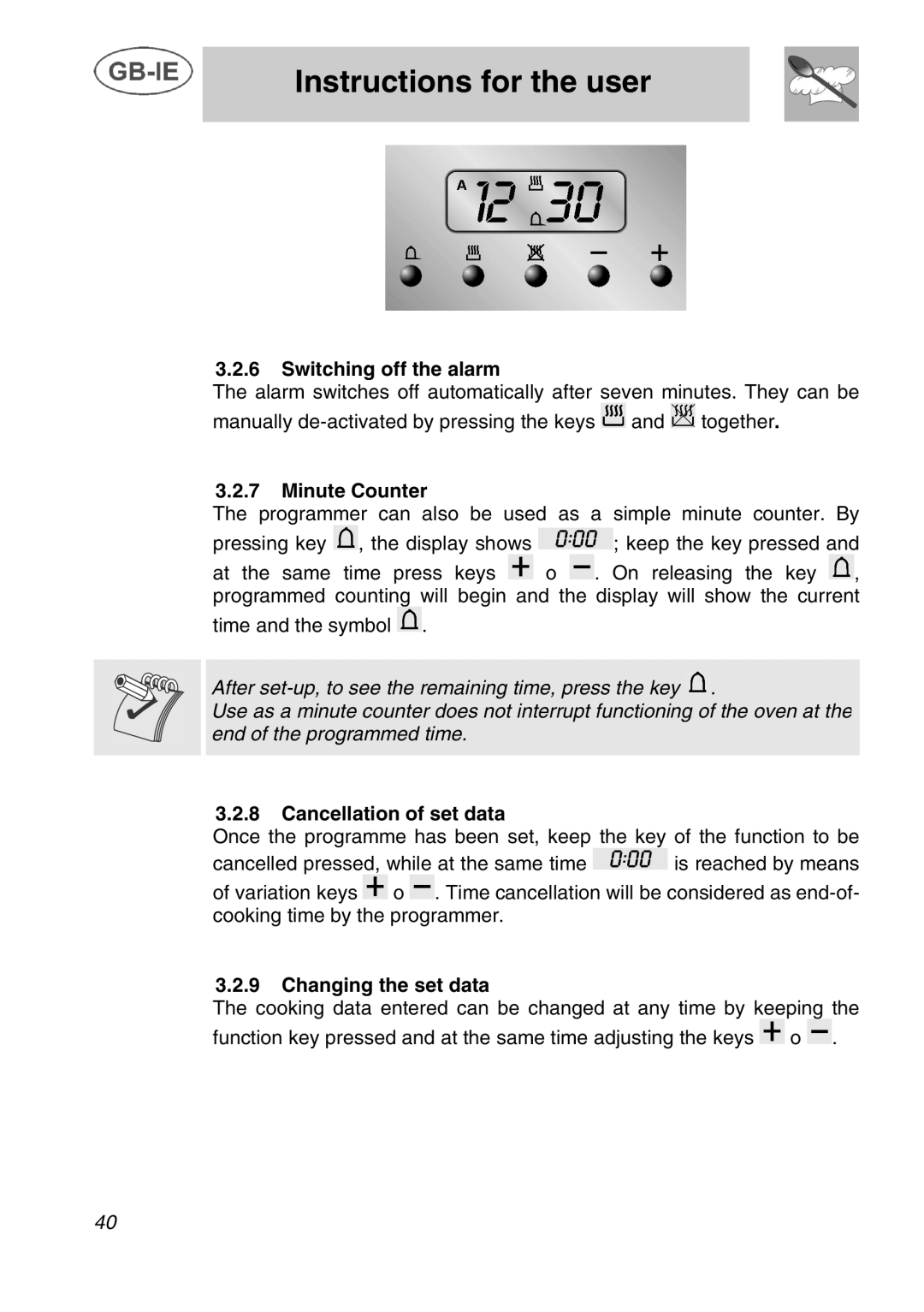 Smeg A42C instruction manual Switching off the alarm, Minute Counter, Cancellation of set data, Changing the set data 