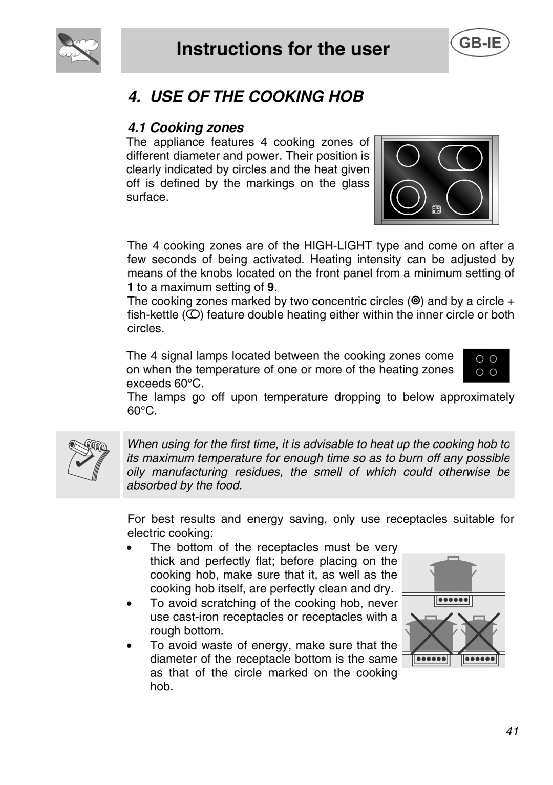 Smeg A42C instruction manual USE of the Cooking HOB, Cooking zones 