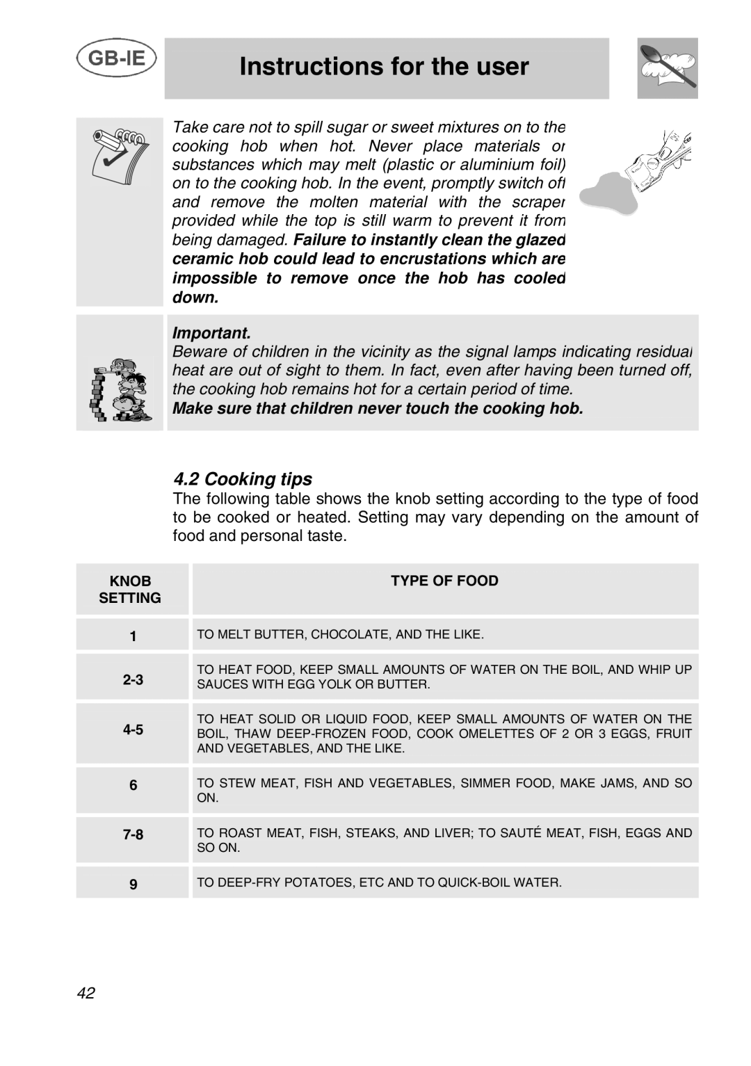 Smeg A42C instruction manual Cooking tips, Knob Setting Type of Food 