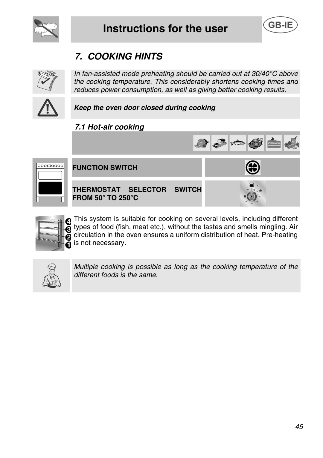 Smeg A42C instruction manual Cooking Hints, Hot-air cooking, Function Switch Thermostat Selector Switch, From 50 to 250C 