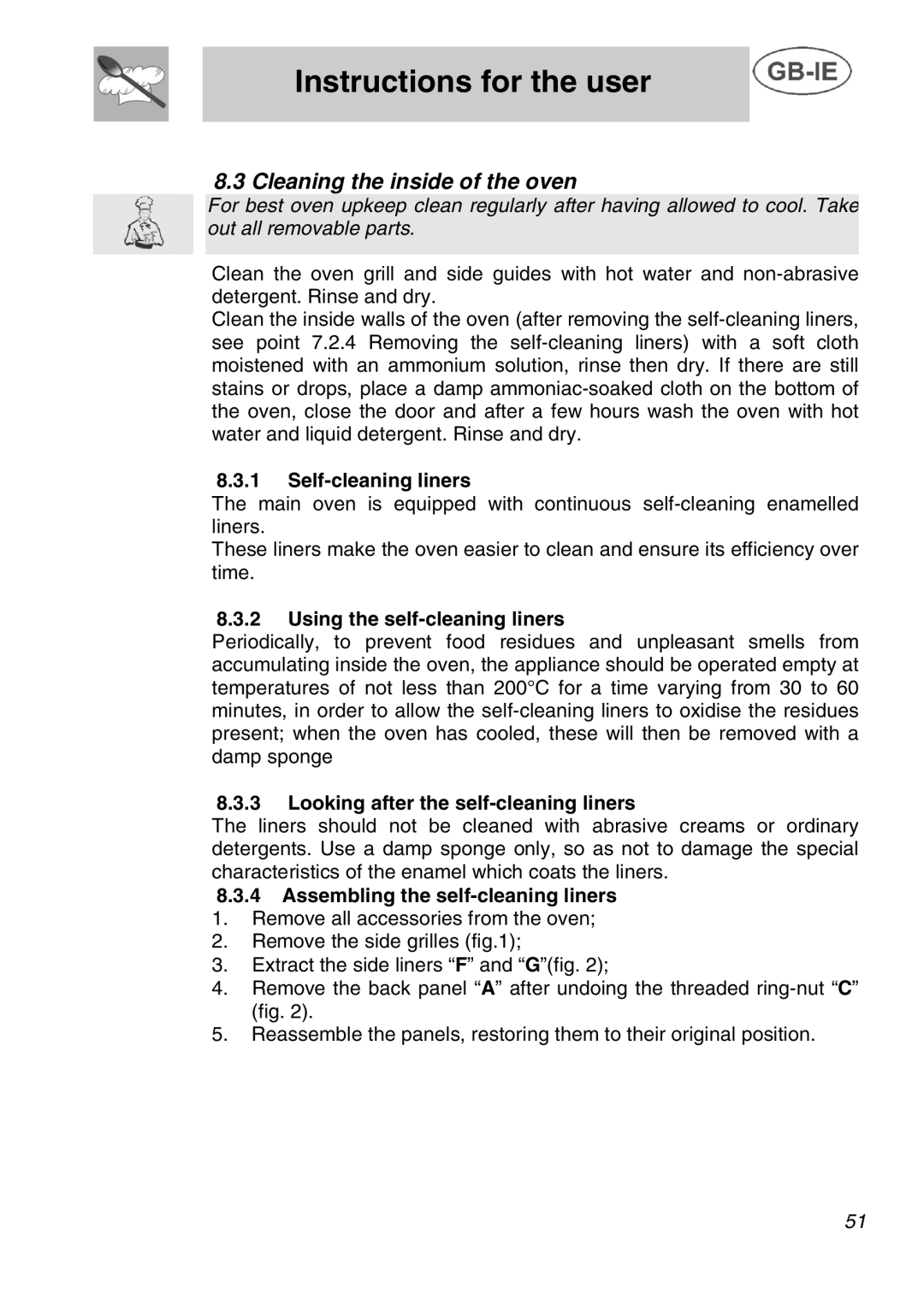 Smeg A42C instruction manual Cleaning the inside of the oven, Self-cleaning liners, Using the self-cleaning liners 