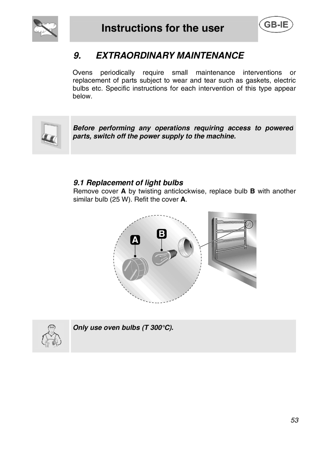 Smeg A42C instruction manual Extraordinary Maintenance, Replacement of light bulbs 