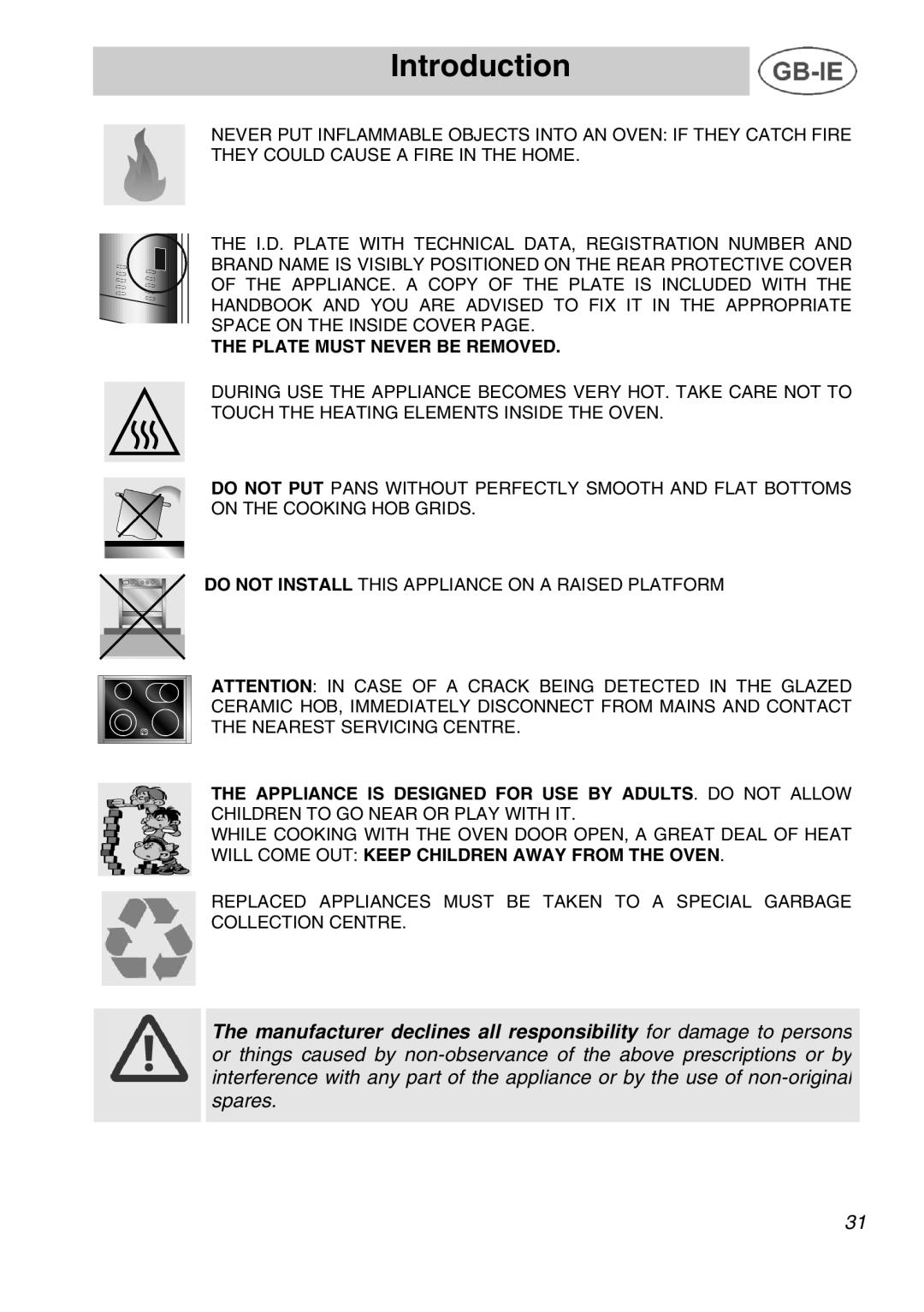 Smeg A42C instruction manual Plate Must Never be Removed 