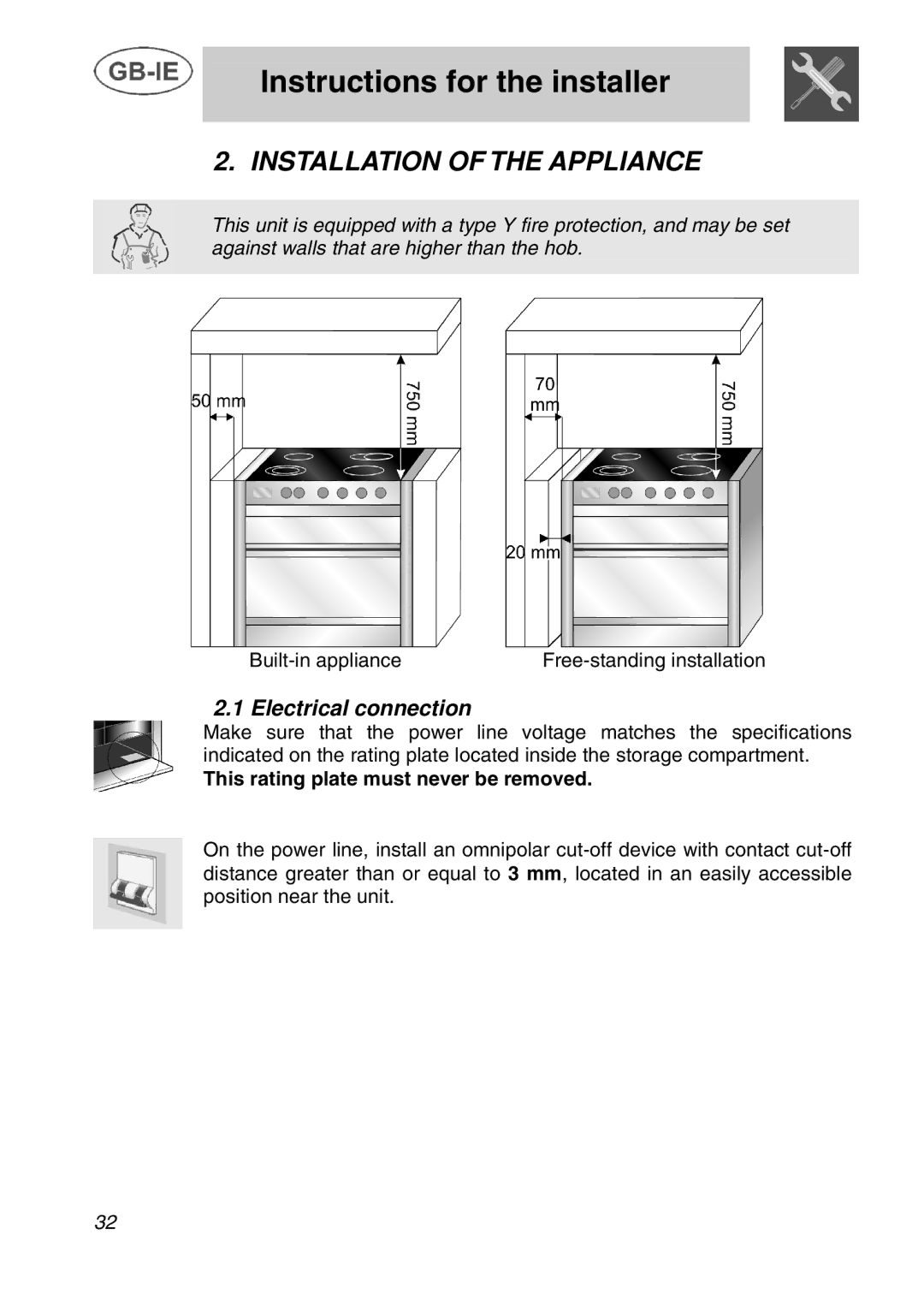 Smeg A42C instruction manual Installation of the Appliance, Electrical connection, This rating plate must never be removed 