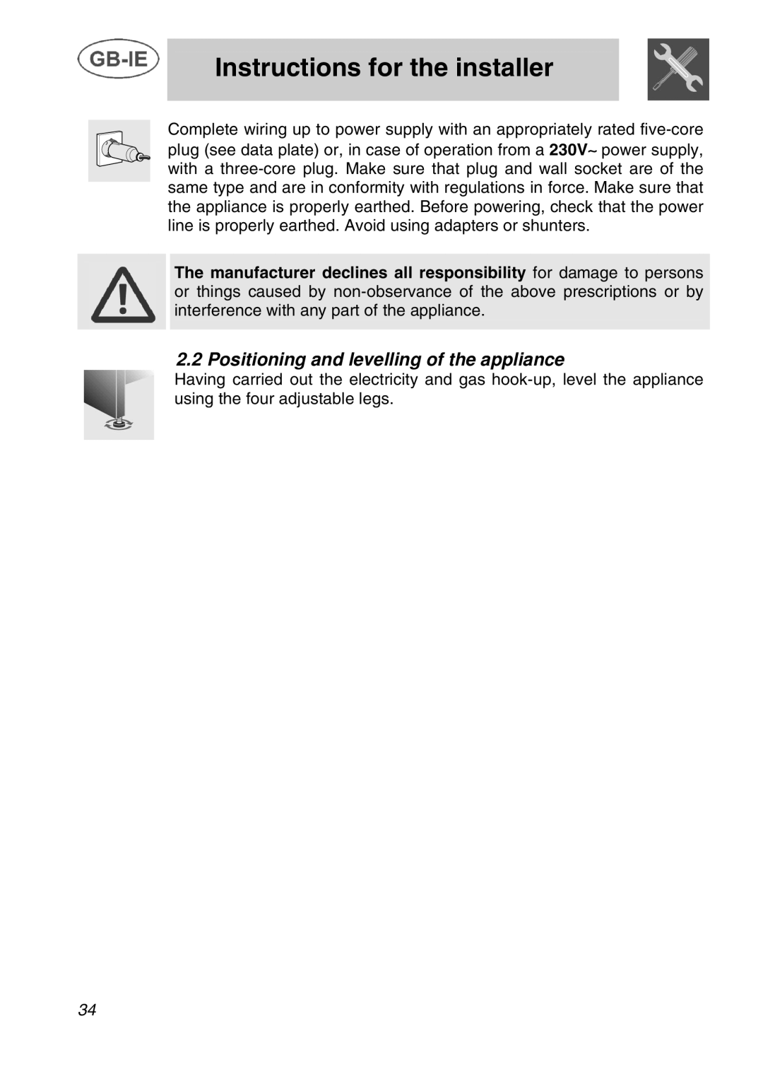 Smeg A42C instruction manual Positioning and levelling of the appliance 