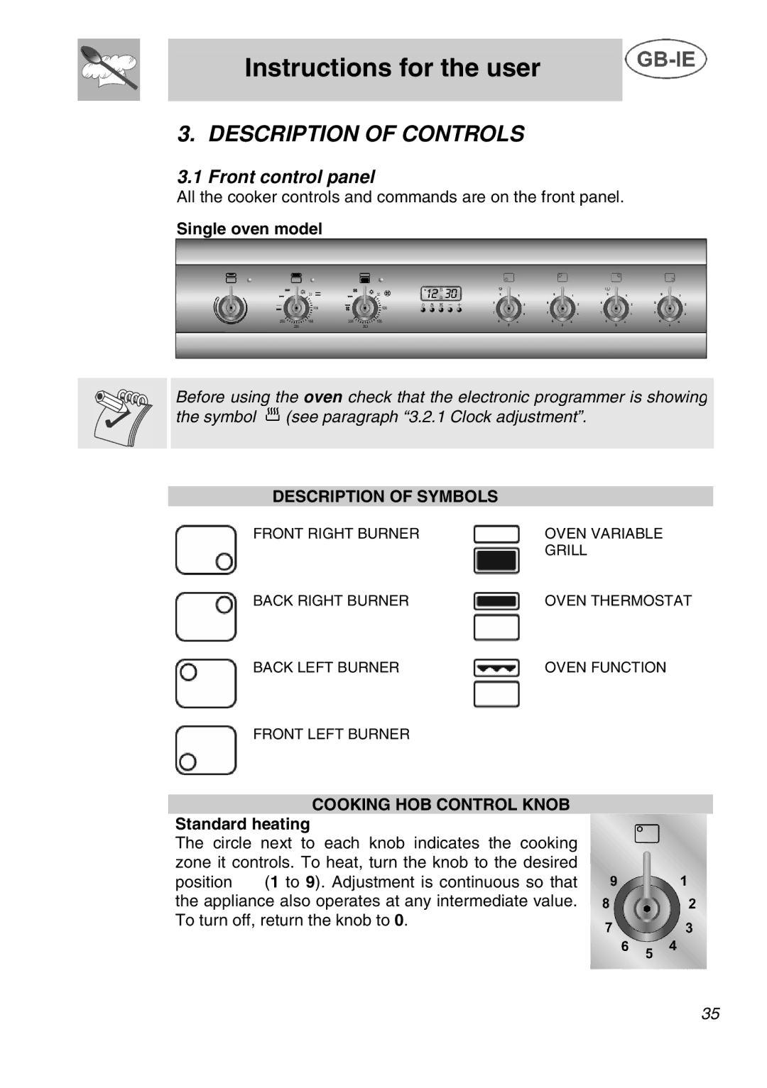 Smeg A42C instruction manual Description of Controls, Front control panel, Description of Symbols, Cooking HOB Control Knob 