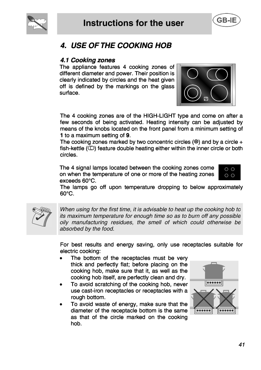 Smeg A42C instruction manual Use Of The Cooking Hob, Cooking zones, Instructions for the user 