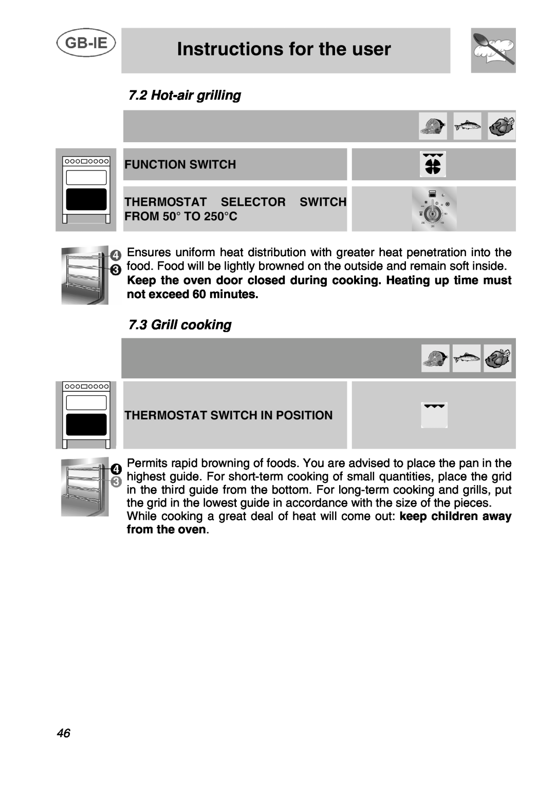Smeg A42C instruction manual Hot-air grilling, Grill cooking, Thermostat Switch In Position, Instructions for the user 
