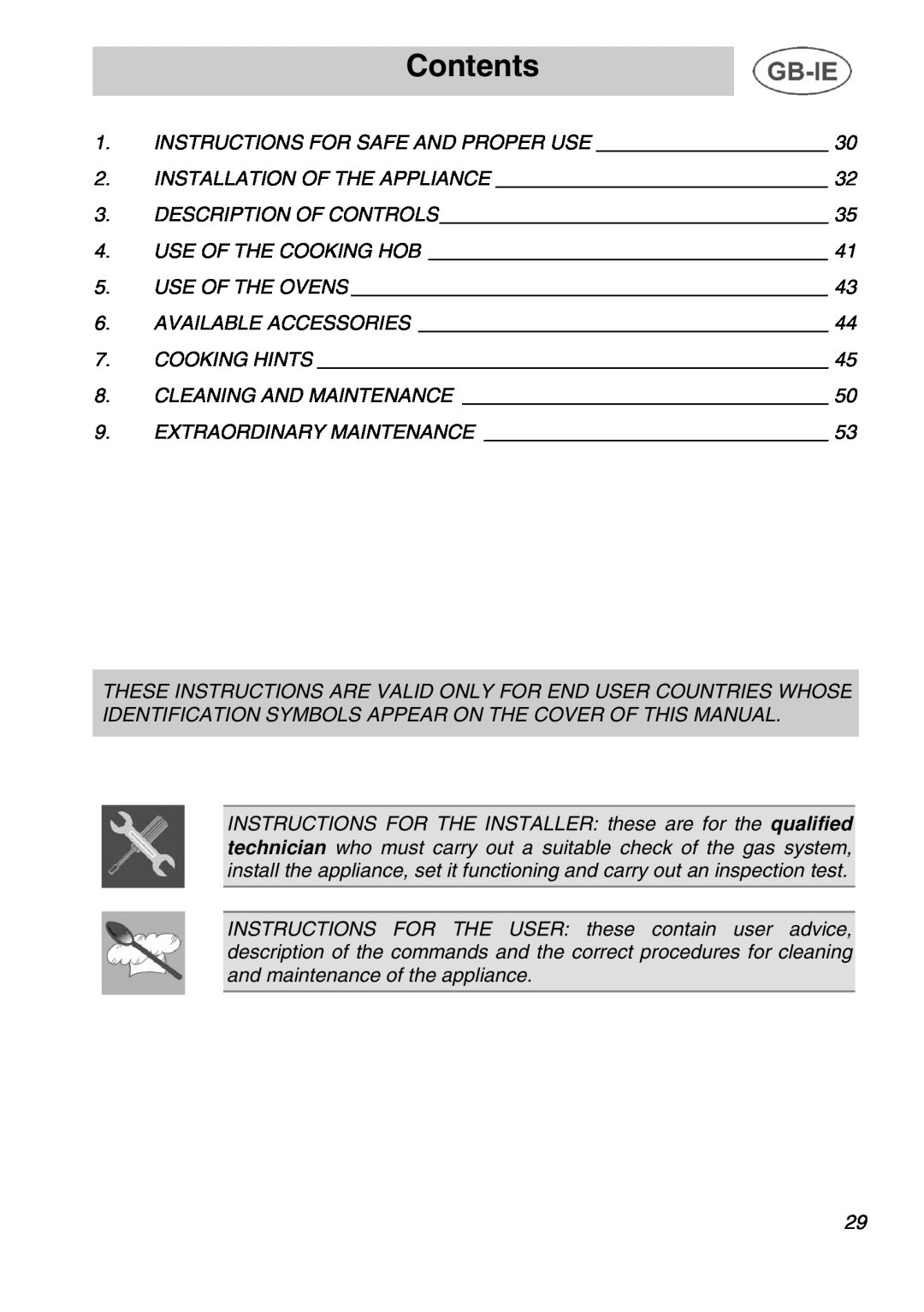 Smeg A42C Contents, Instructions For Safe And Proper Use, INSTALLATION OF THE APPLIANCE 3. DESCRIPTION OF CONTROLS 