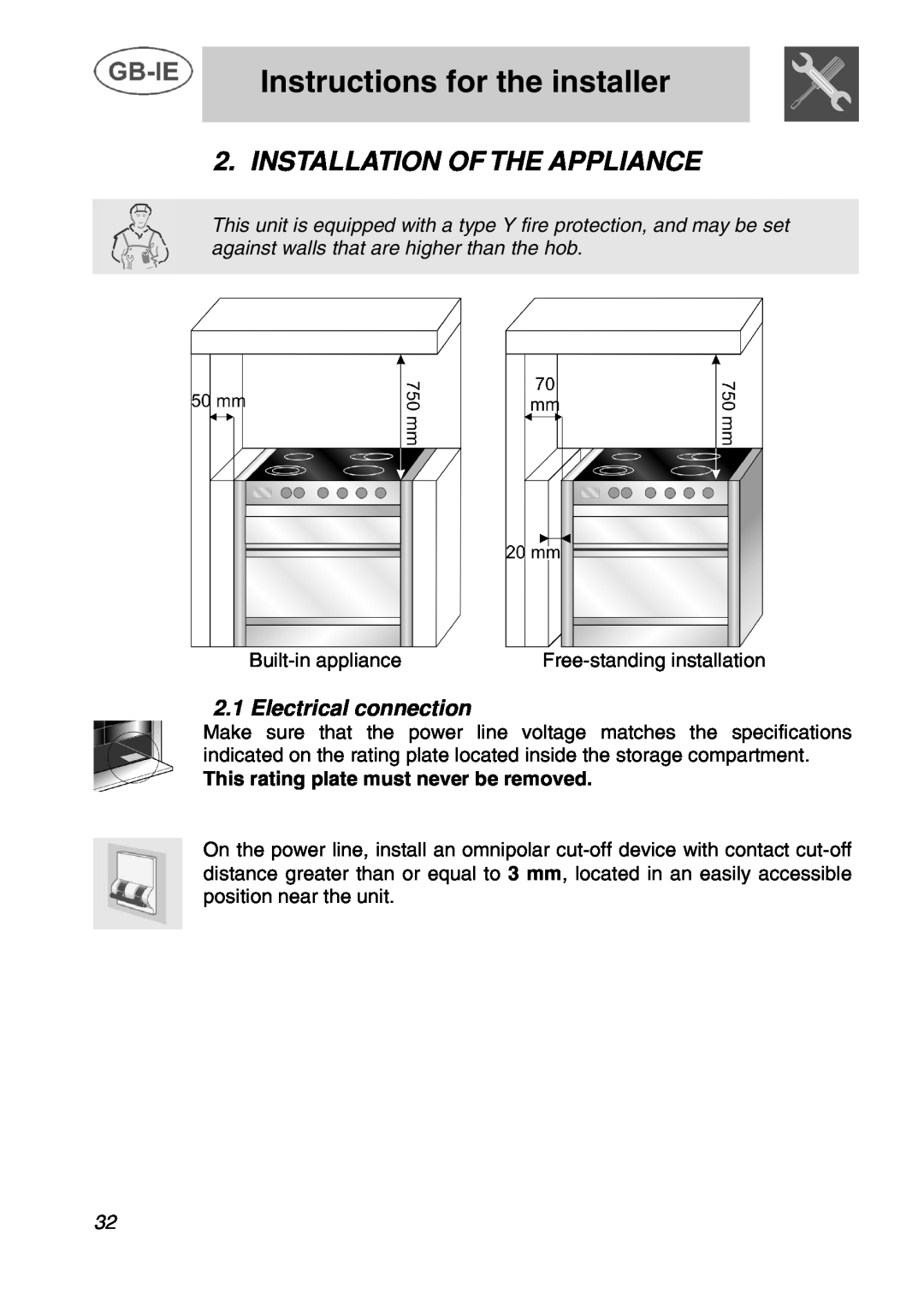 Smeg A42C instruction manual Instructions for the installer, Installation Of The Appliance, Electrical connection 