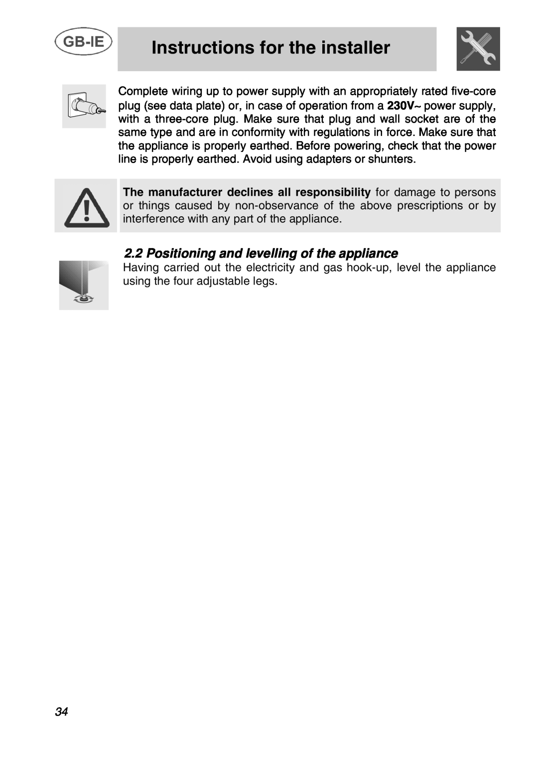 Smeg A42C instruction manual Positioning and levelling of the appliance, Instructions for the installer 