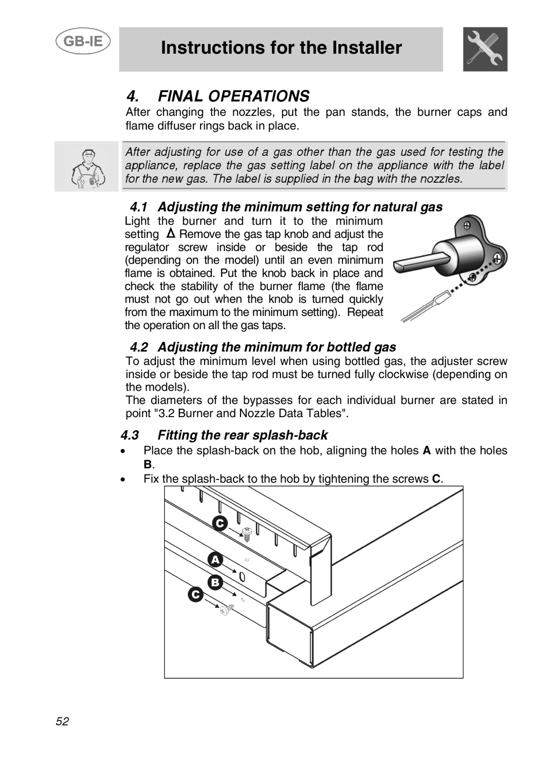 Smeg A5-6 manual Final Operations, Adjusting the minimum setting for natural gas, Adjusting the minimum for bottled gas 