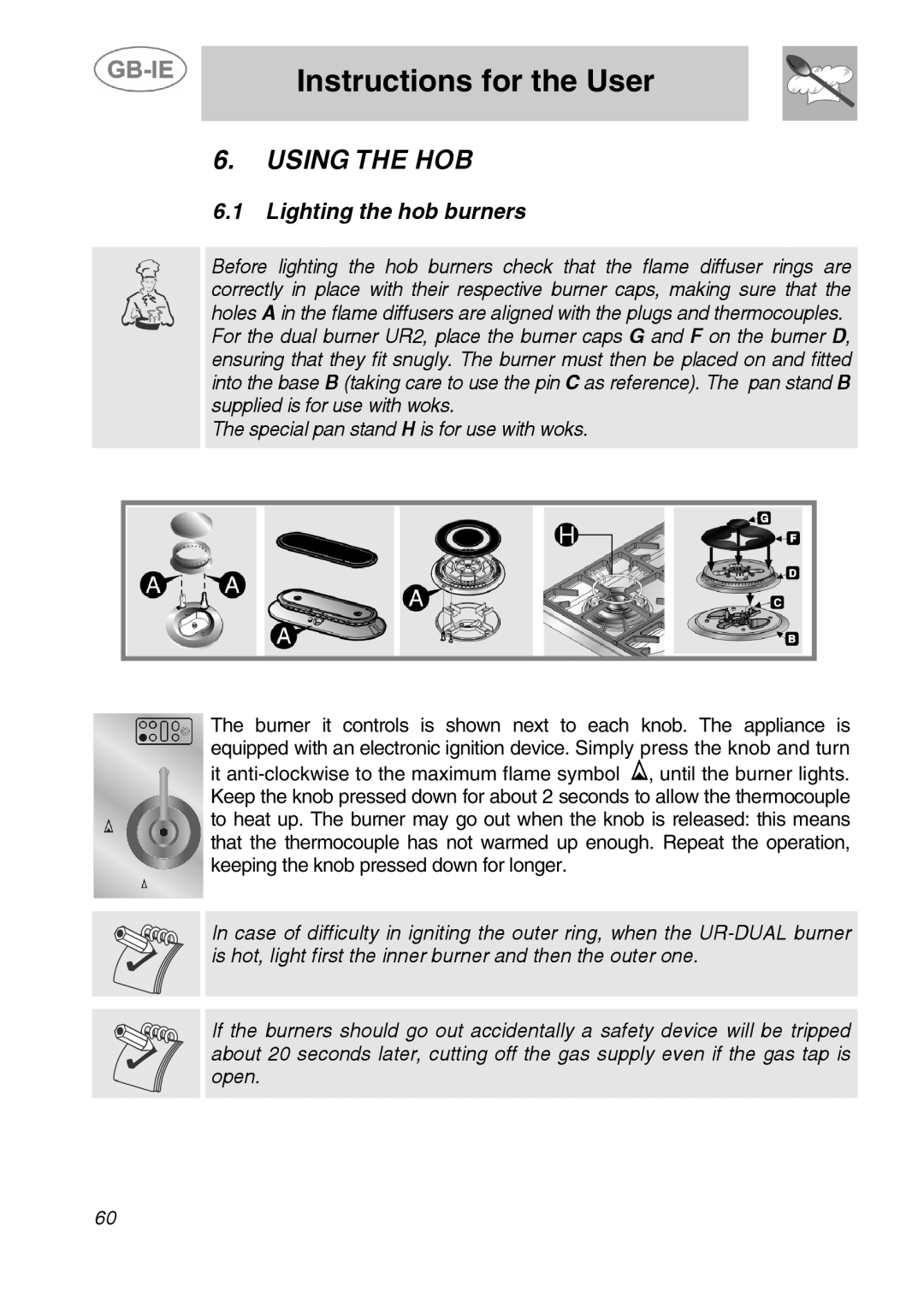 Smeg A5-6 manual Using the HOB, Lighting the hob burners 