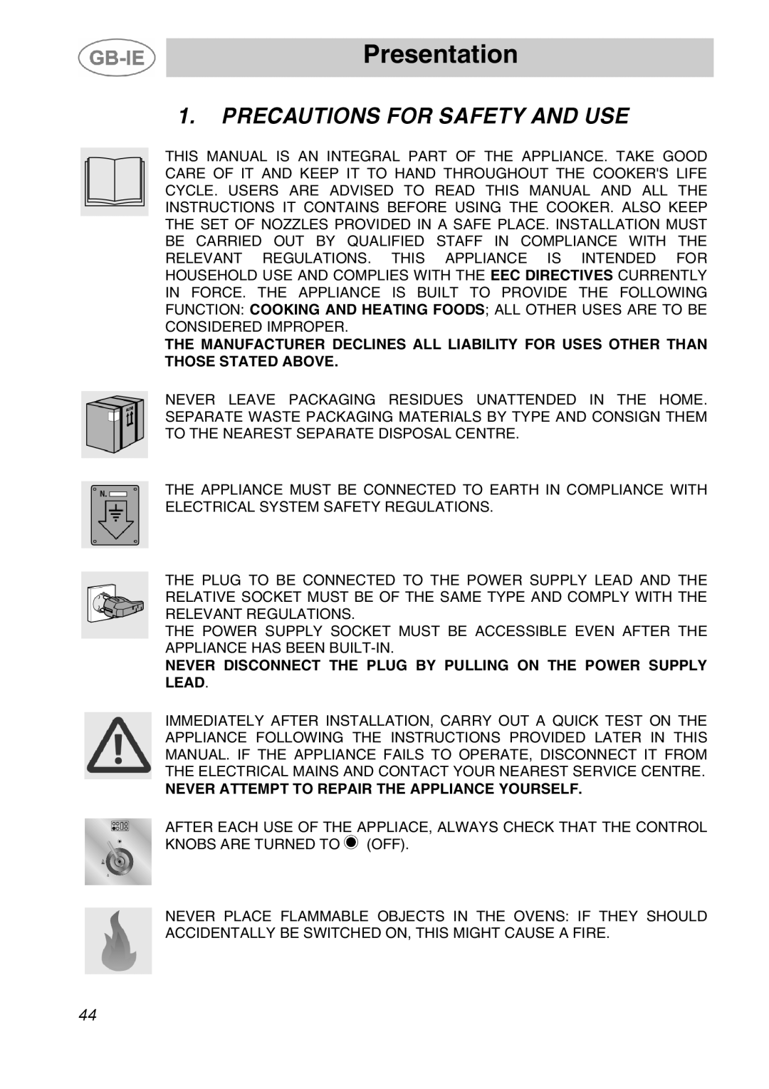 Smeg A5-6 manual Presentation, Precautions for Safety and USE 