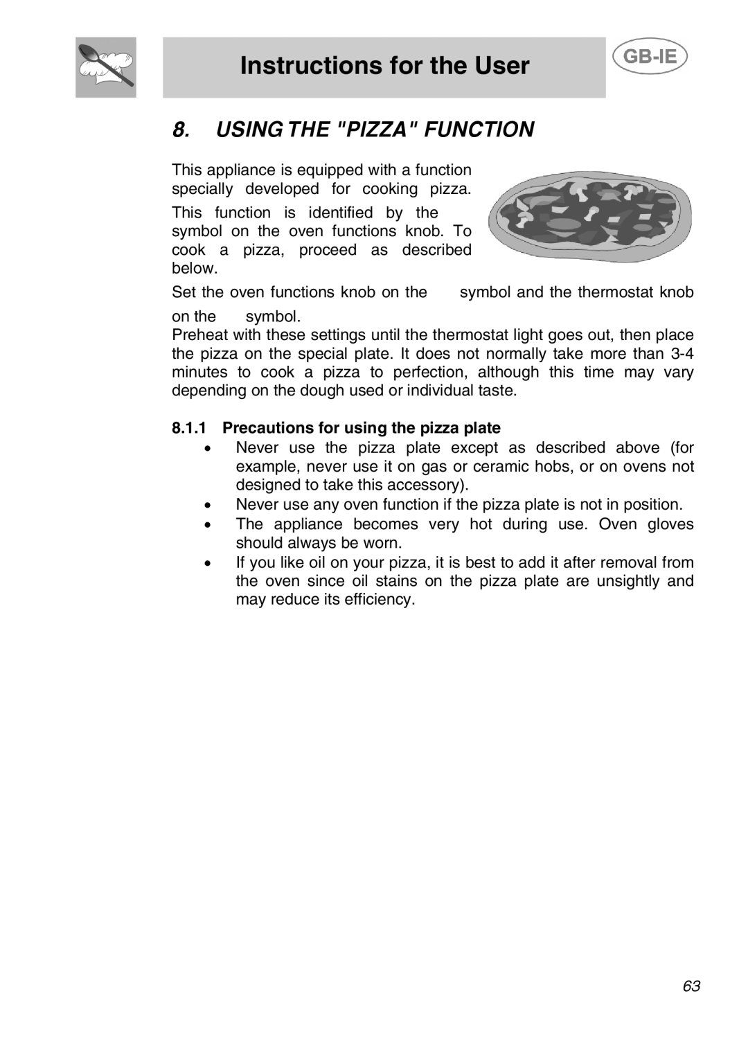 Smeg A5-6 manual Using the Pizza Function, Precautions for using the pizza plate 