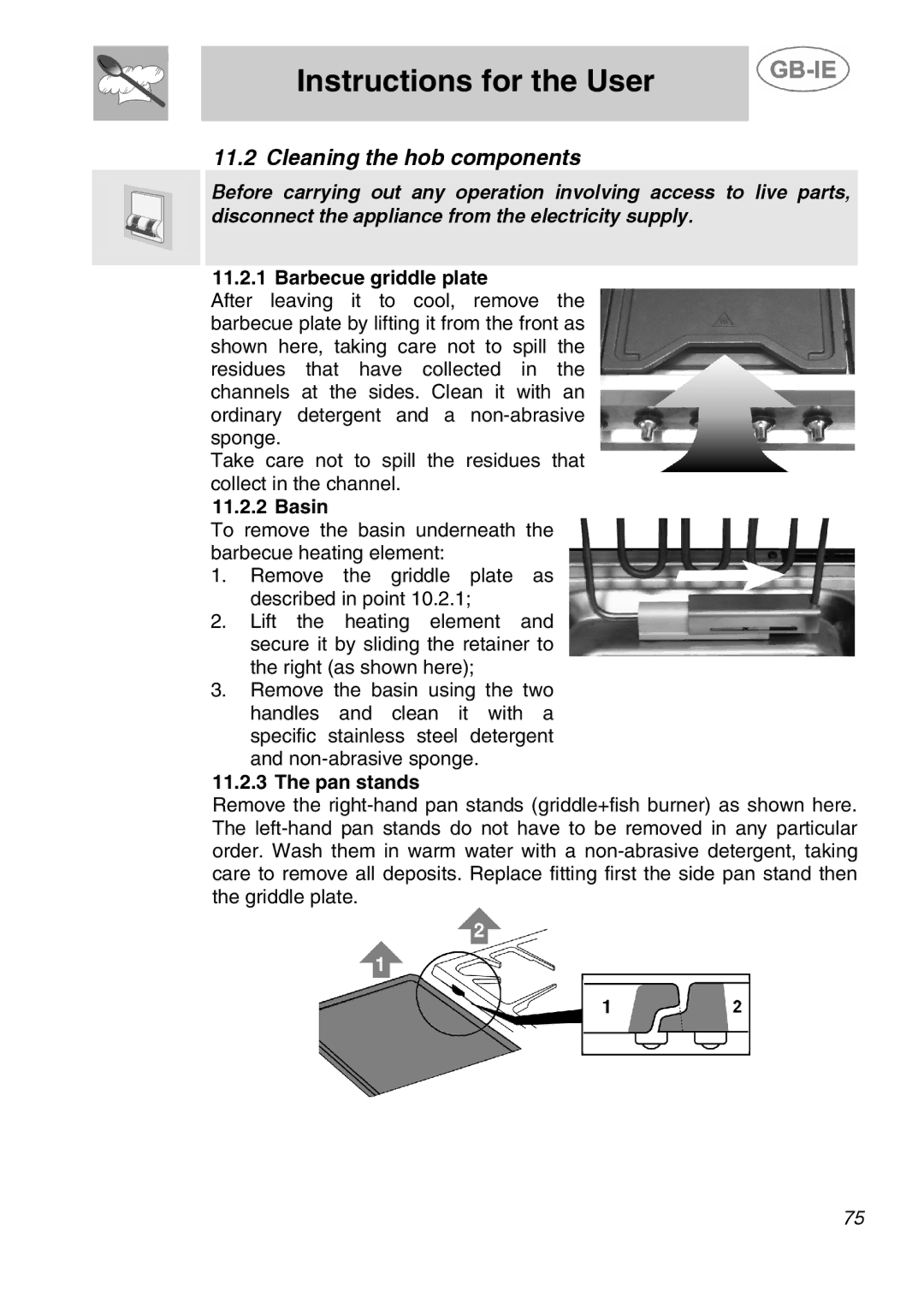 Smeg A5-6 manual Cleaning the hob components, Barbecue griddle plate, Basin, Pan stands 