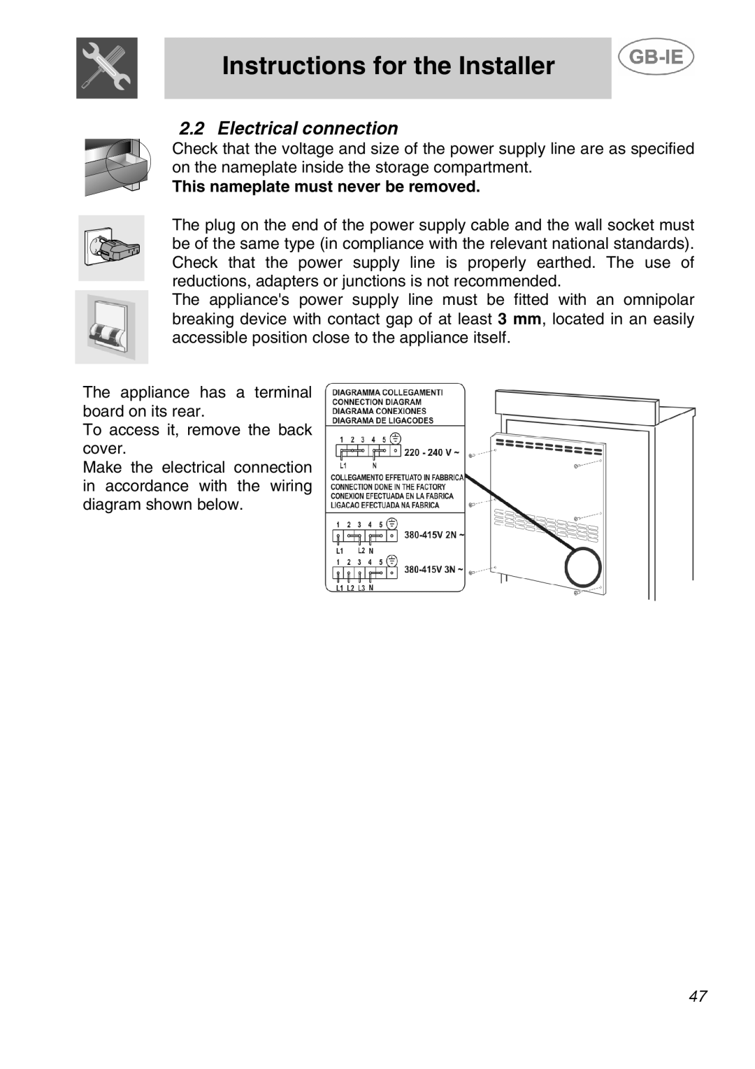 Smeg A5-6 manual Electrical connection, This nameplate must never be removed 