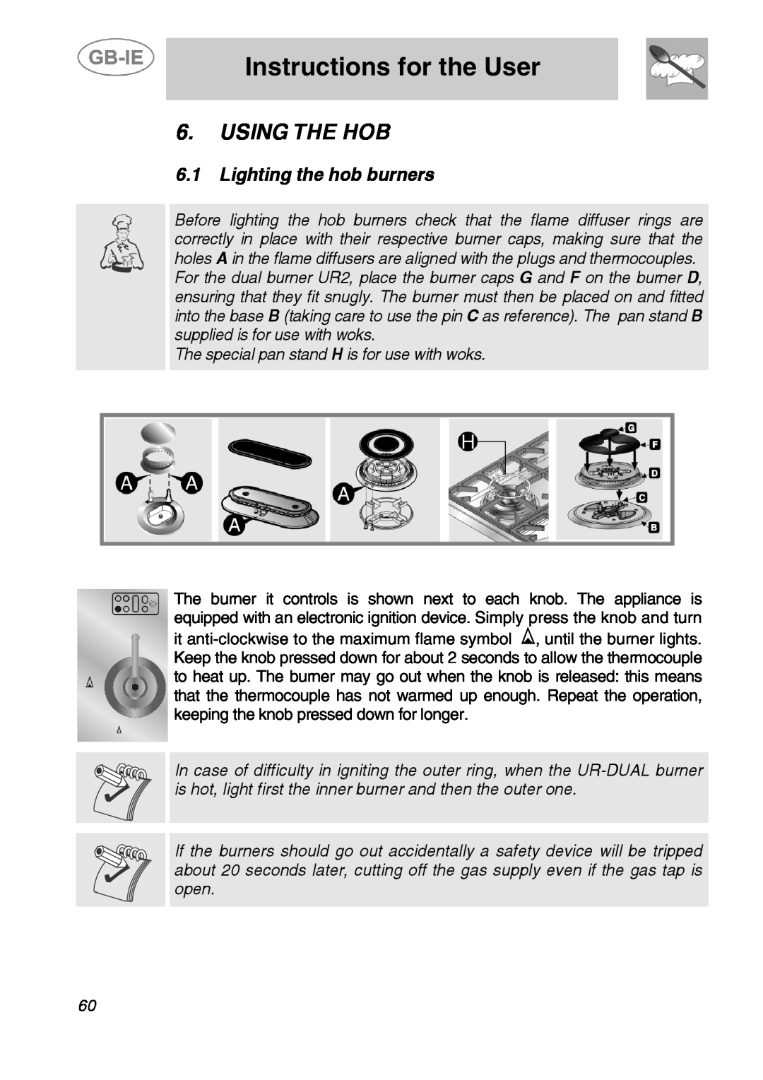 Smeg A5-6 manual Using The Hob, Lighting the hob burners, Instructions for the User 