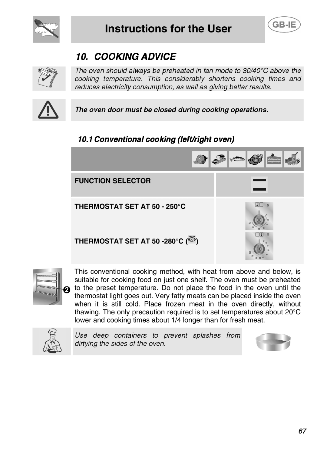 Smeg A5-6 Cooking Advice, Conventional cooking left/right oven, The oven door must be closed during cooking operations 